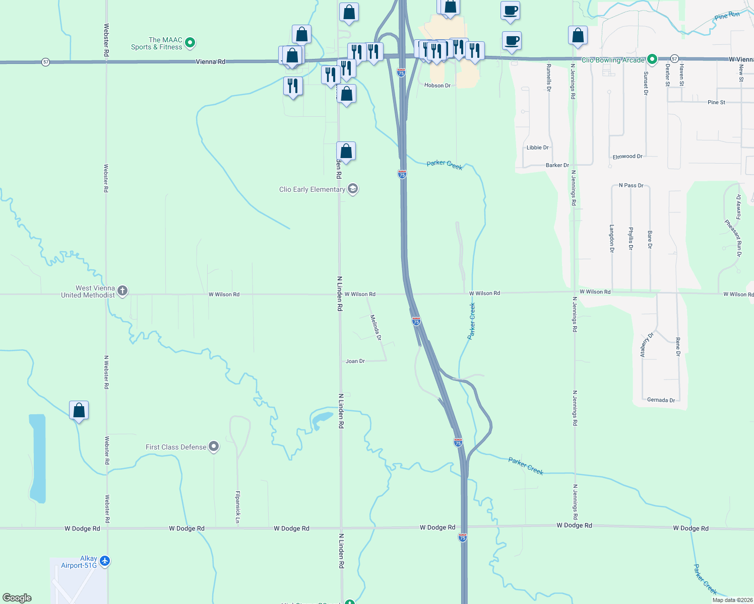 map of restaurants, bars, coffee shops, grocery stores, and more near 4447 West Wilson Road in Clio