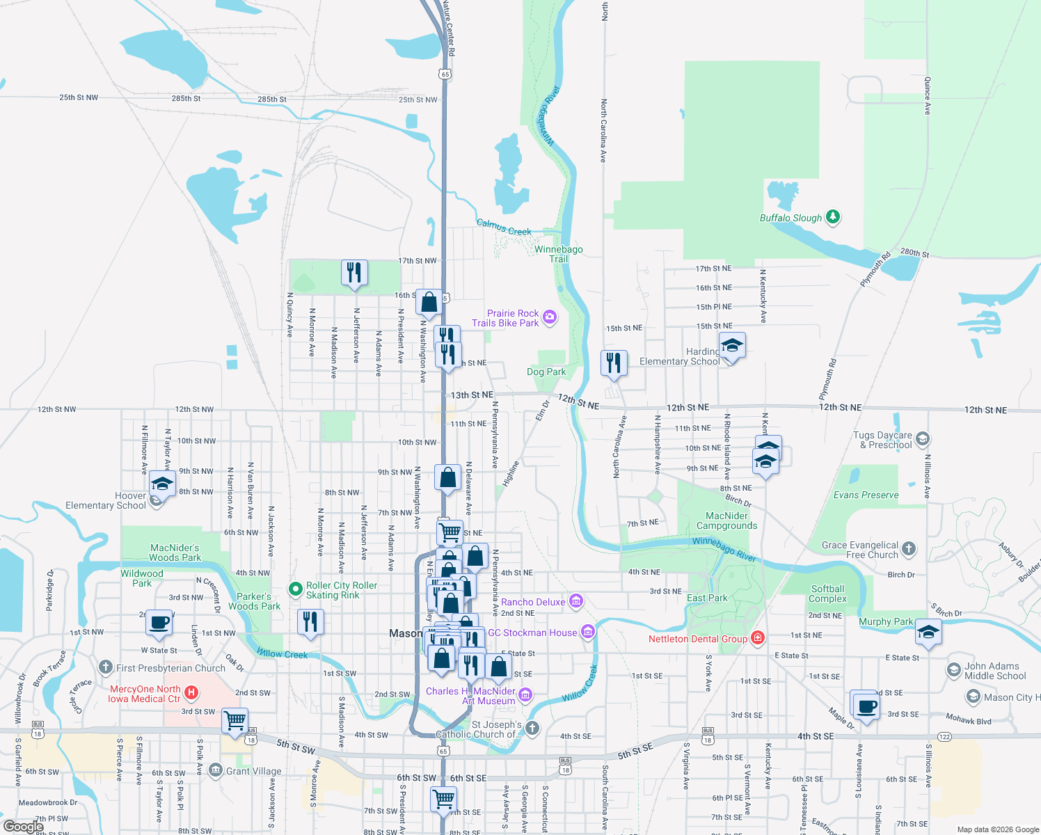 map of restaurants, bars, coffee shops, grocery stores, and more near 1108 North Georgia Avenue in Mason City