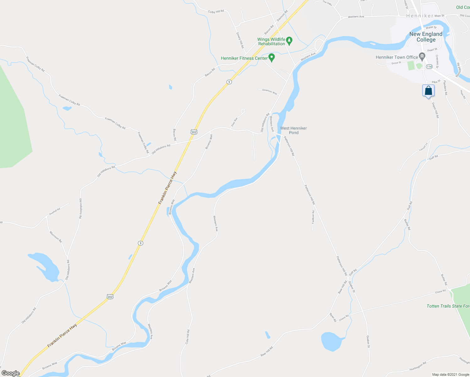 map of restaurants, bars, coffee shops, grocery stores, and more near 148 Western Avenue in Henniker