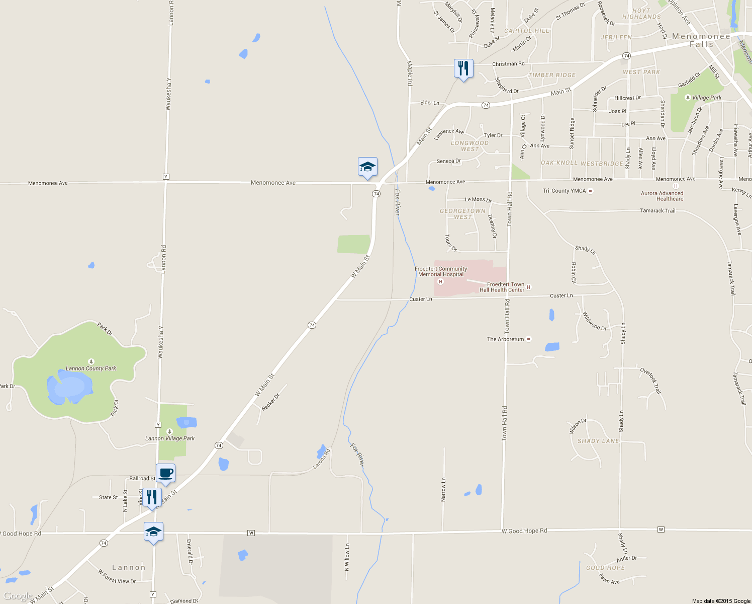 map of restaurants, bars, coffee shops, grocery stores, and more near 19315 West Main Street in Lannon