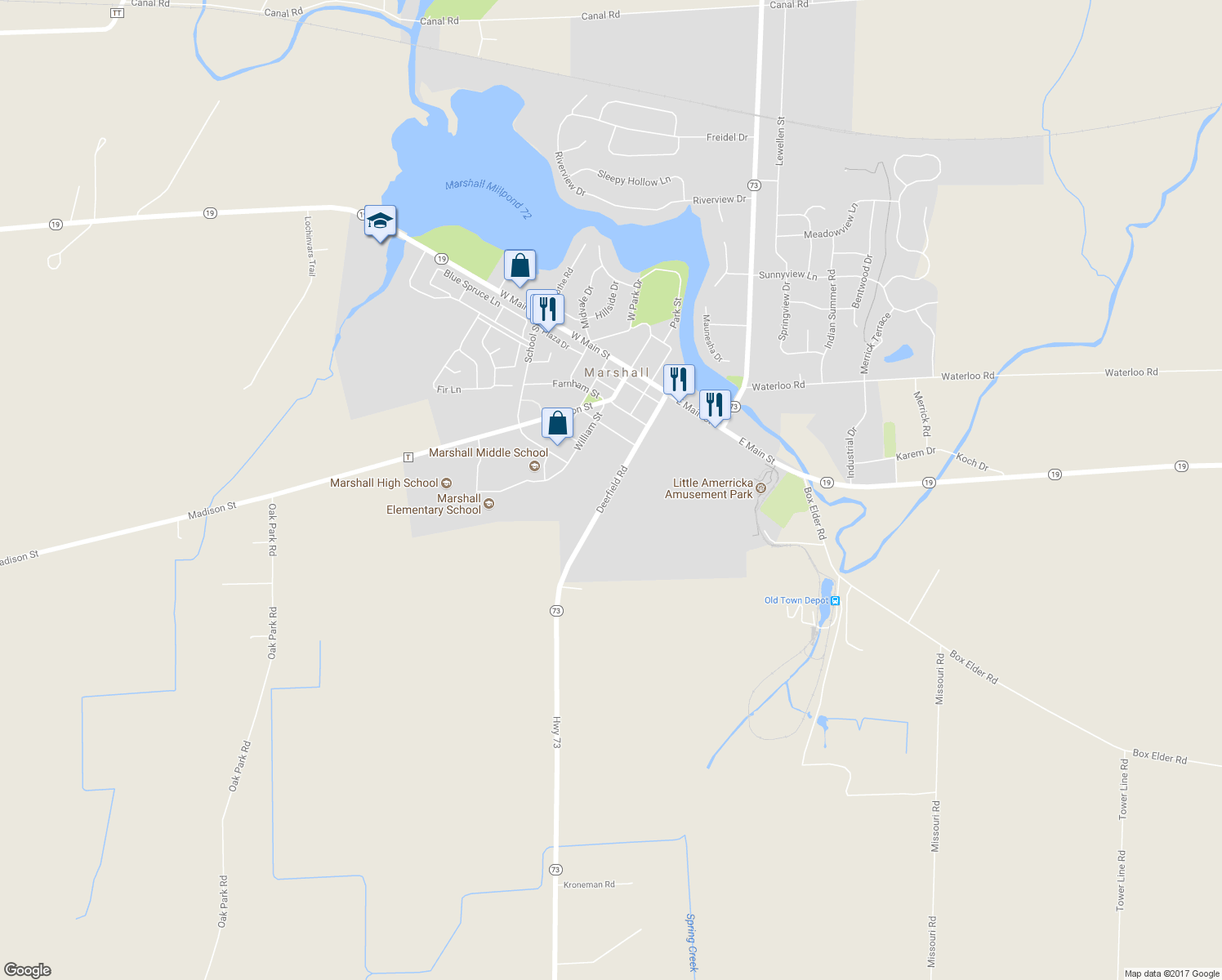 map of restaurants, bars, coffee shops, grocery stores, and more near 471 Deerfield Road in Marshall