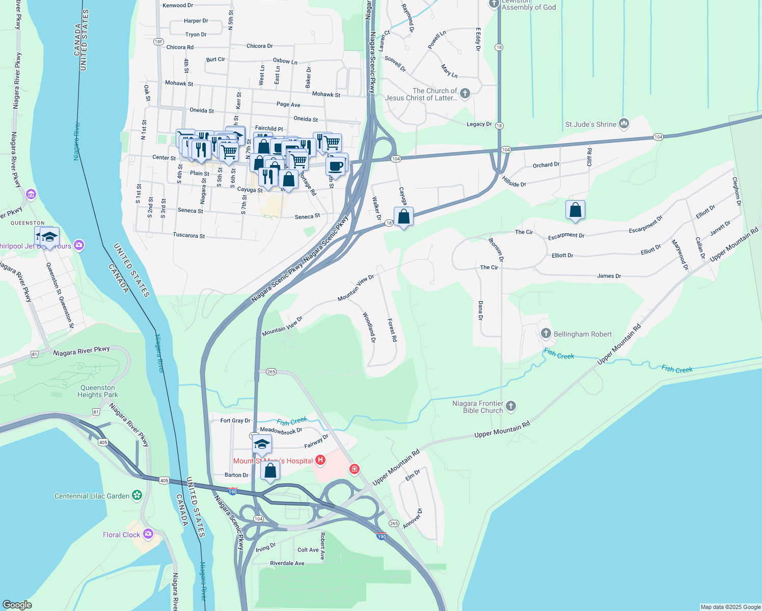 map of restaurants, bars, coffee shops, grocery stores, and more near 5026 Forest Rd in Lewiston