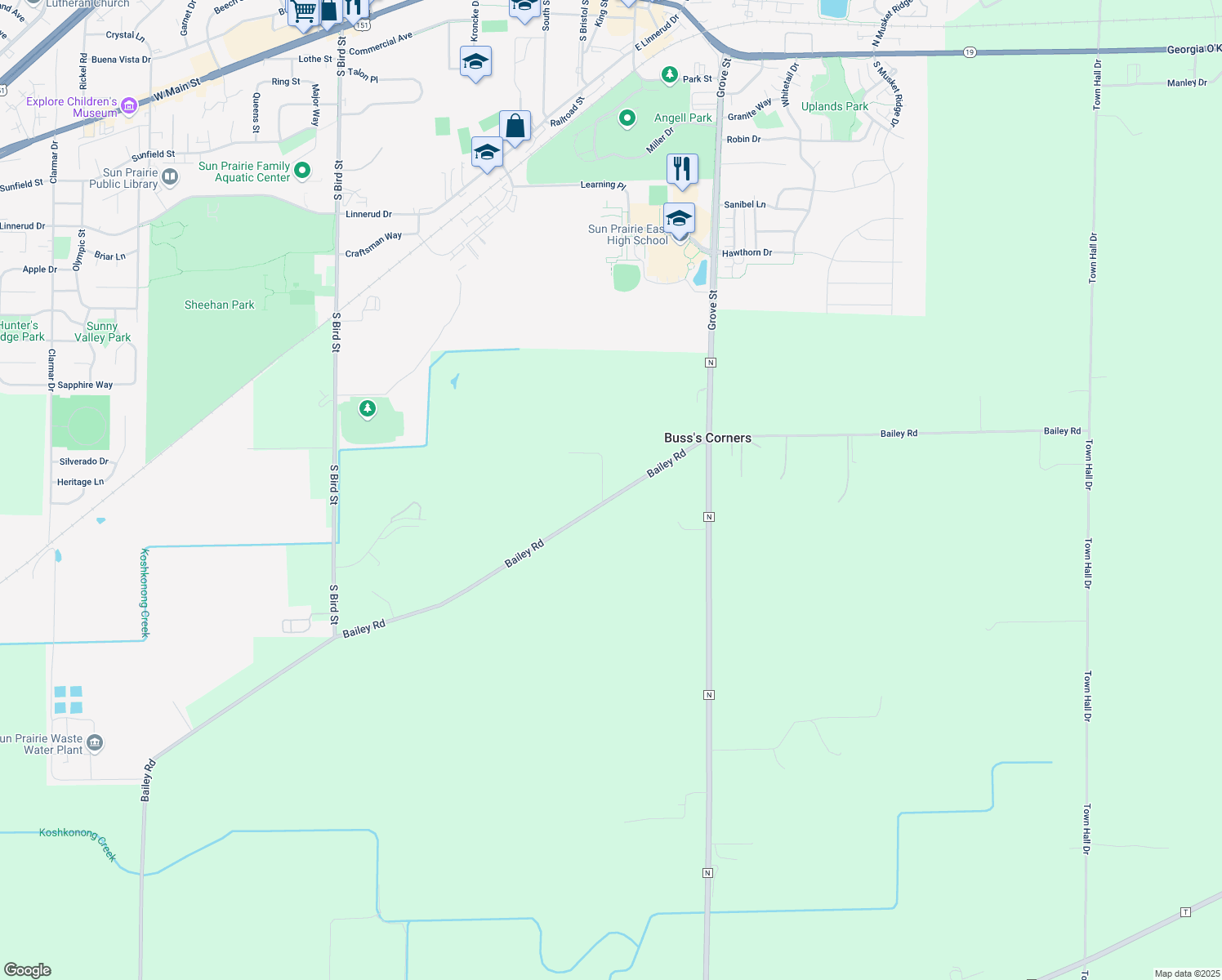 map of restaurants, bars, coffee shops, grocery stores, and more near 2700 Bailey Rd in Sun Prairie