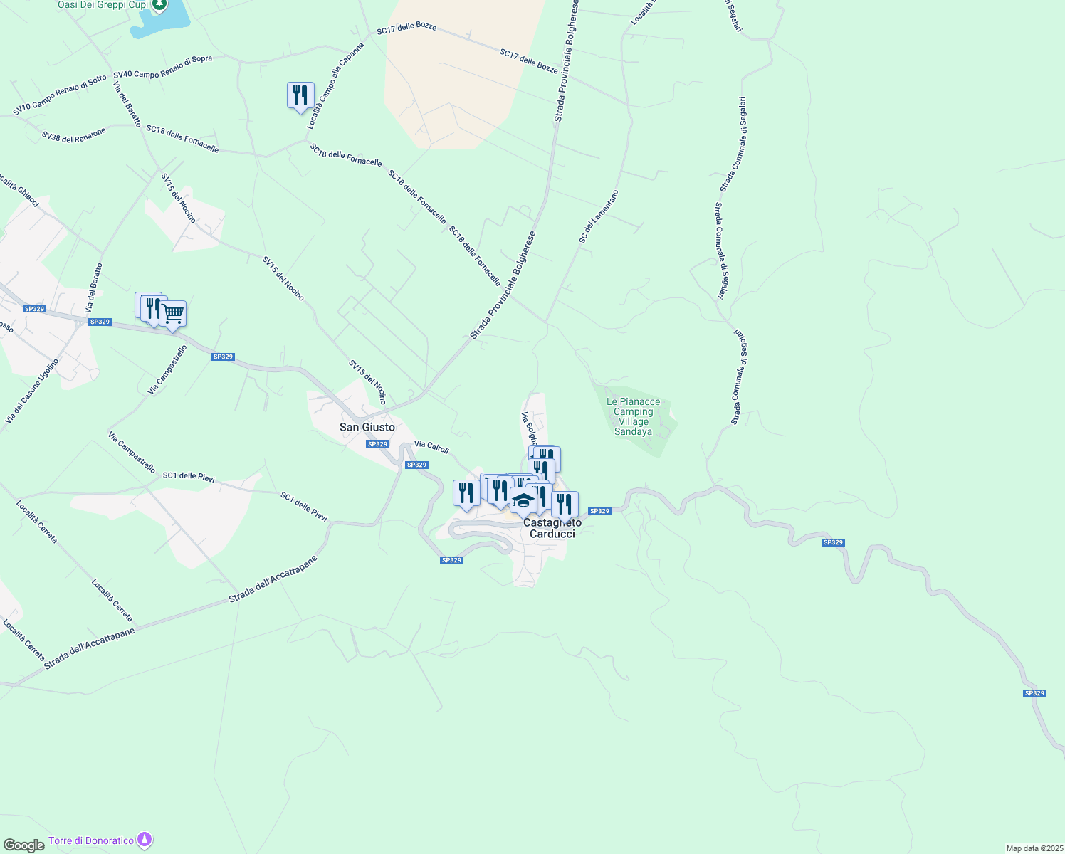map of restaurants, bars, coffee shops, grocery stores, and more near 92 Via Bolgherese in Provincia di Livorno