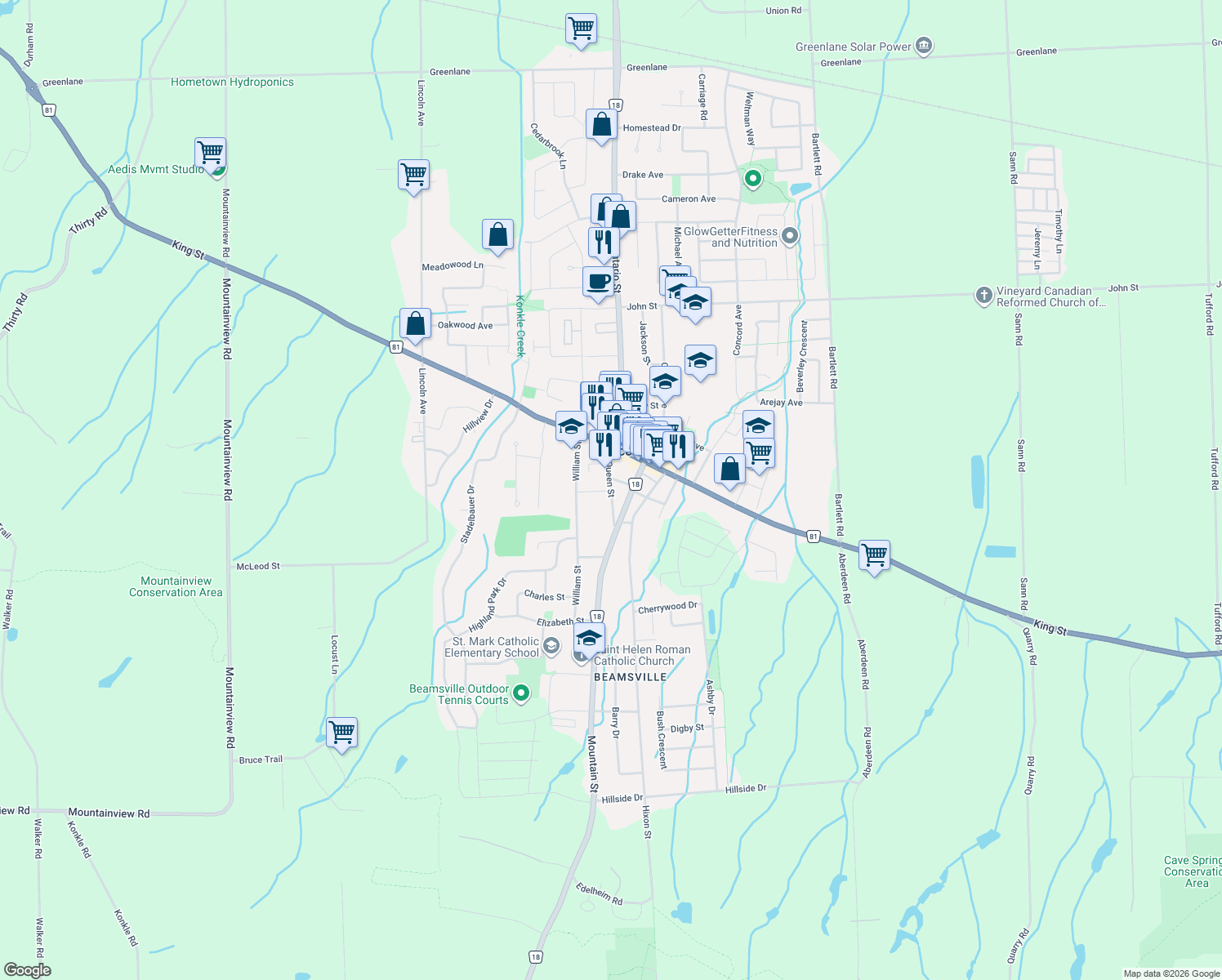 map of restaurants, bars, coffee shops, grocery stores, and more near 4245 Queen Street in Lincoln