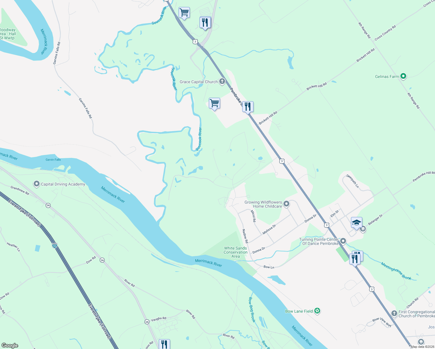 map of restaurants, bars, coffee shops, grocery stores, and more near 480 Woodlawn Ridge Road in Pembroke