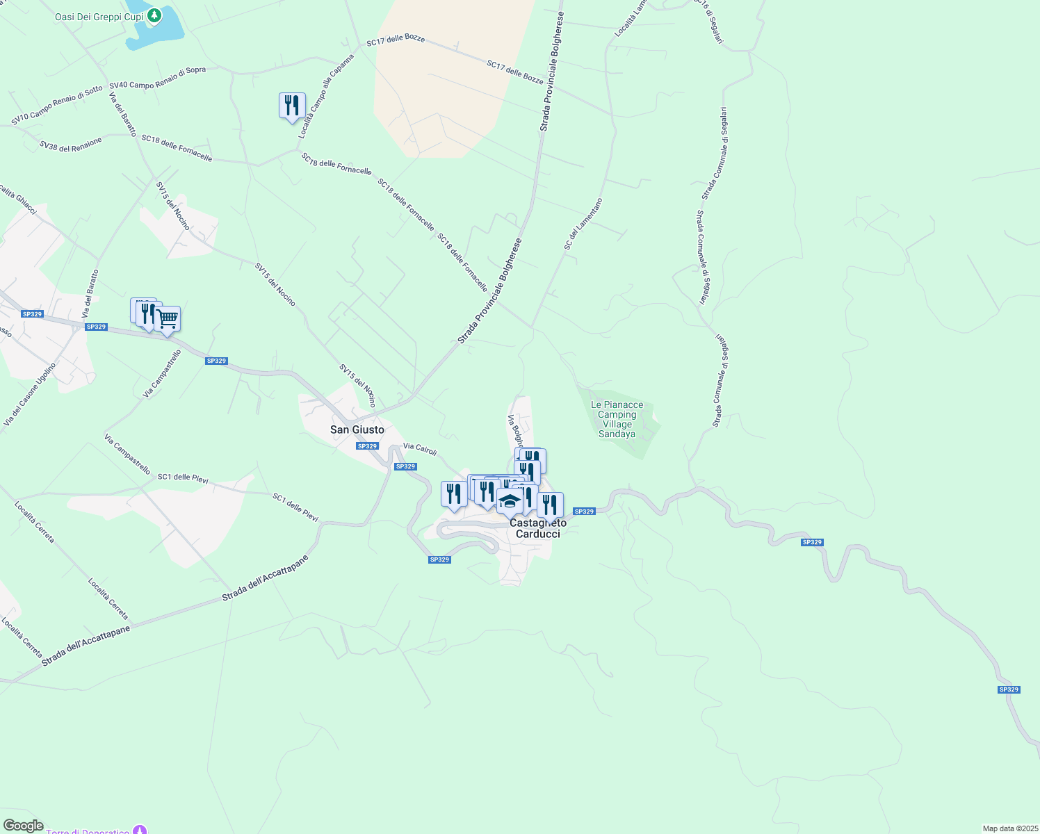 map of restaurants, bars, coffee shops, grocery stores, and more near 92 Via Bolgherese in Provincia di Livorno