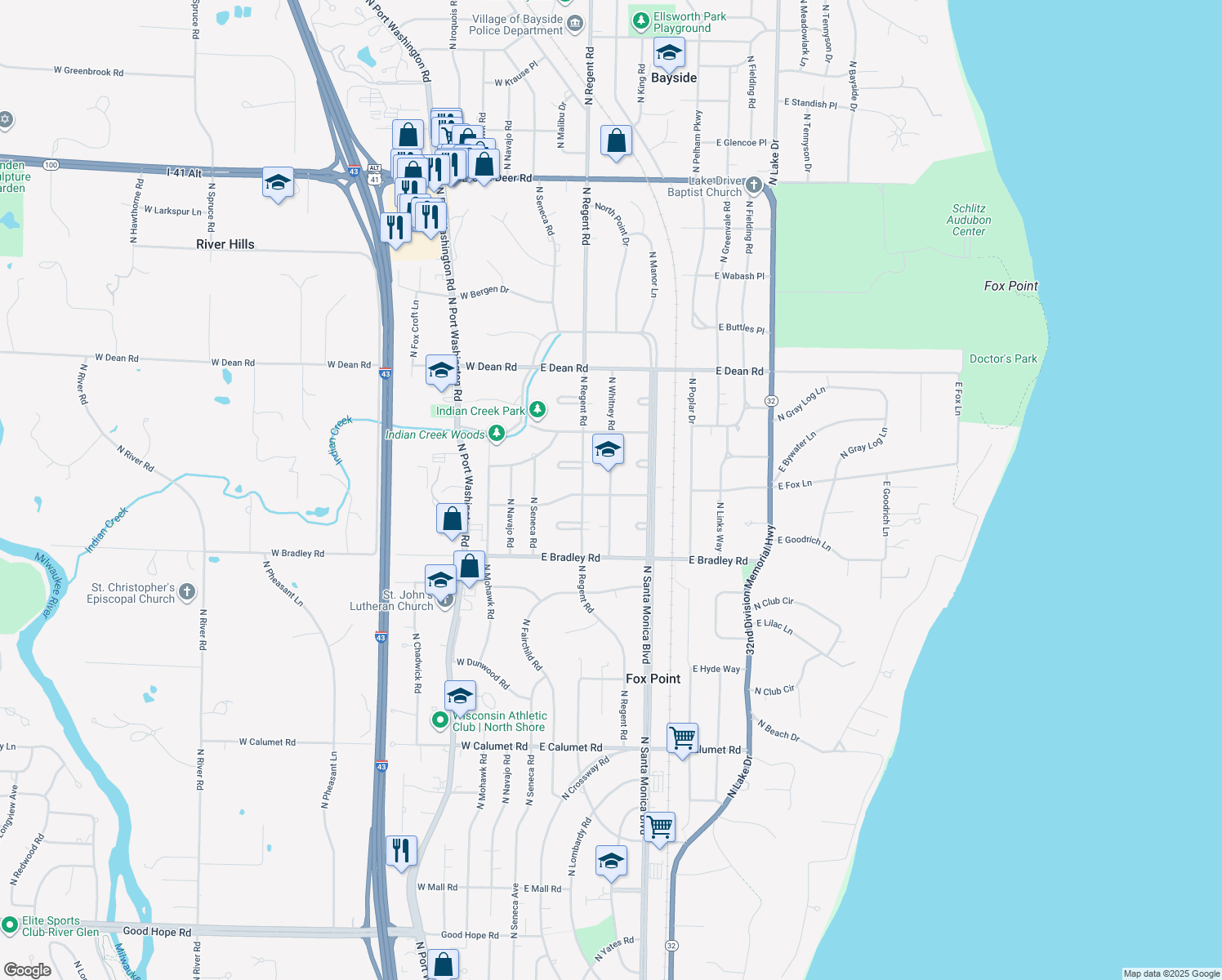 map of restaurants, bars, coffee shops, grocery stores, and more near 8115 N Whitney Rd in Fox Point