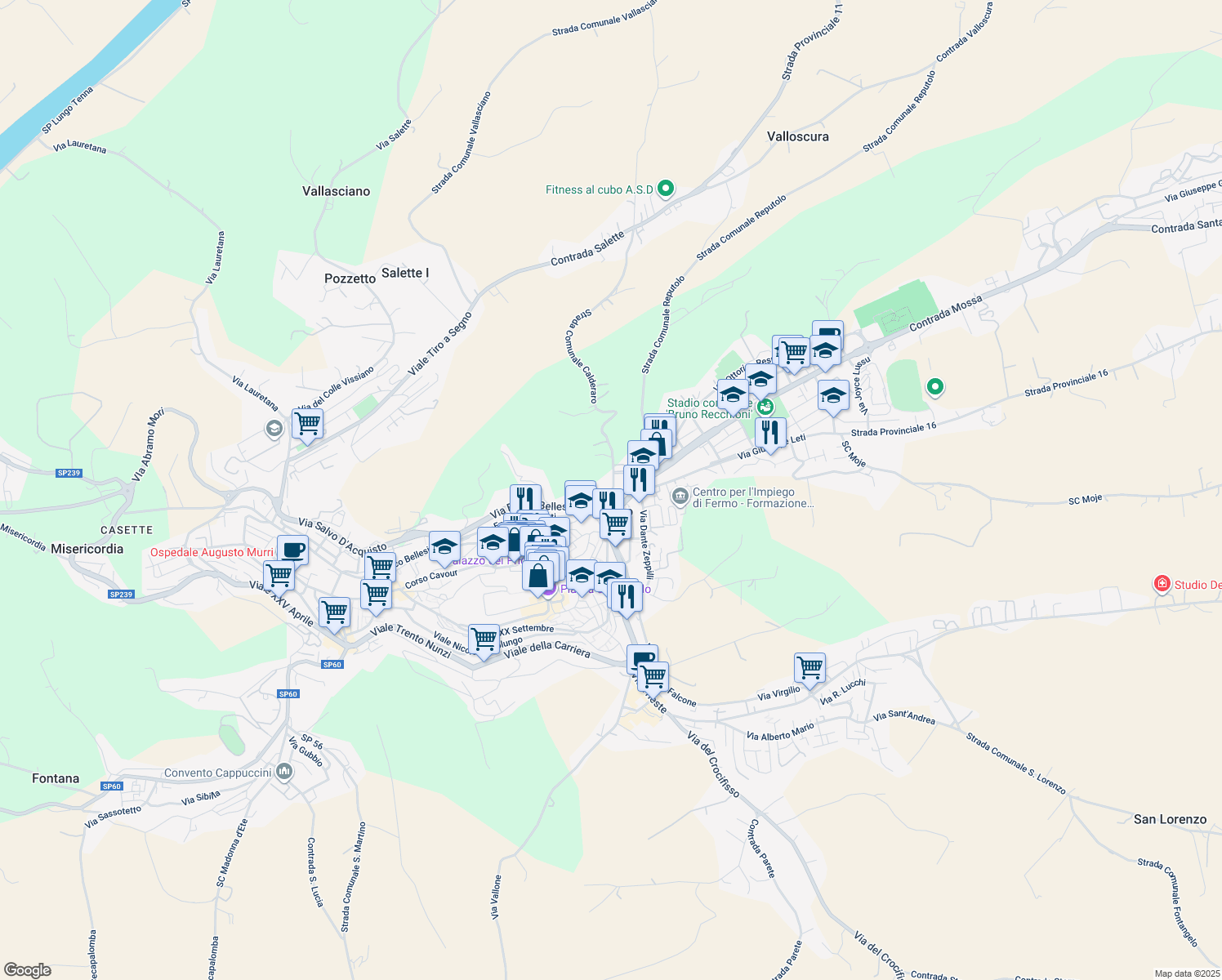 map of restaurants, bars, coffee shops, grocery stores, and more near 13 Via da Fermo Morale in Fermo