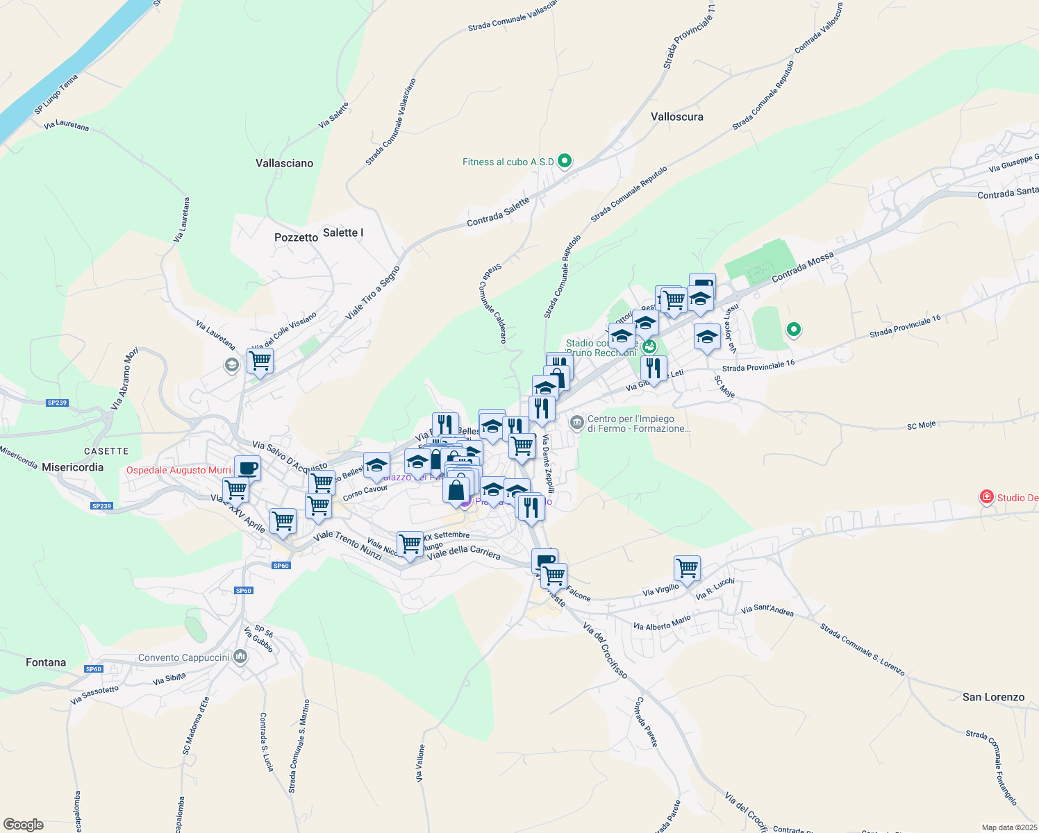 map of restaurants, bars, coffee shops, grocery stores, and more near Via Morale da Fermo in Fermo