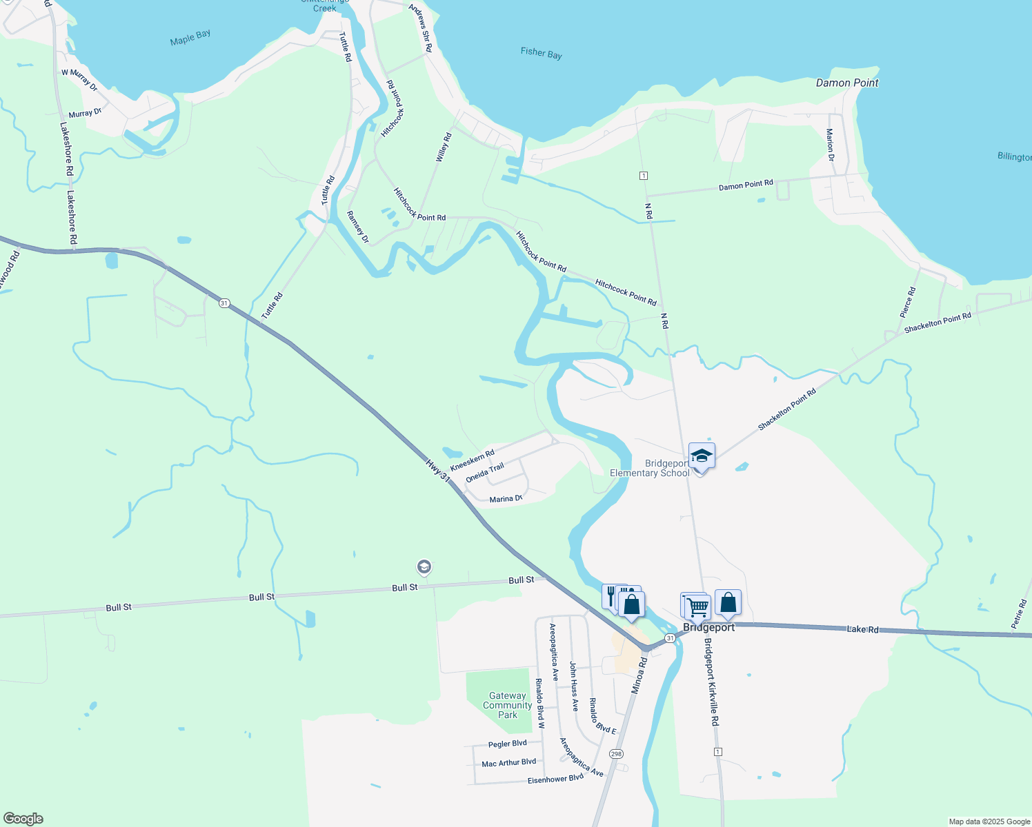 map of restaurants, bars, coffee shops, grocery stores, and more near 8159 Kneeskern Rd in Bridgeport