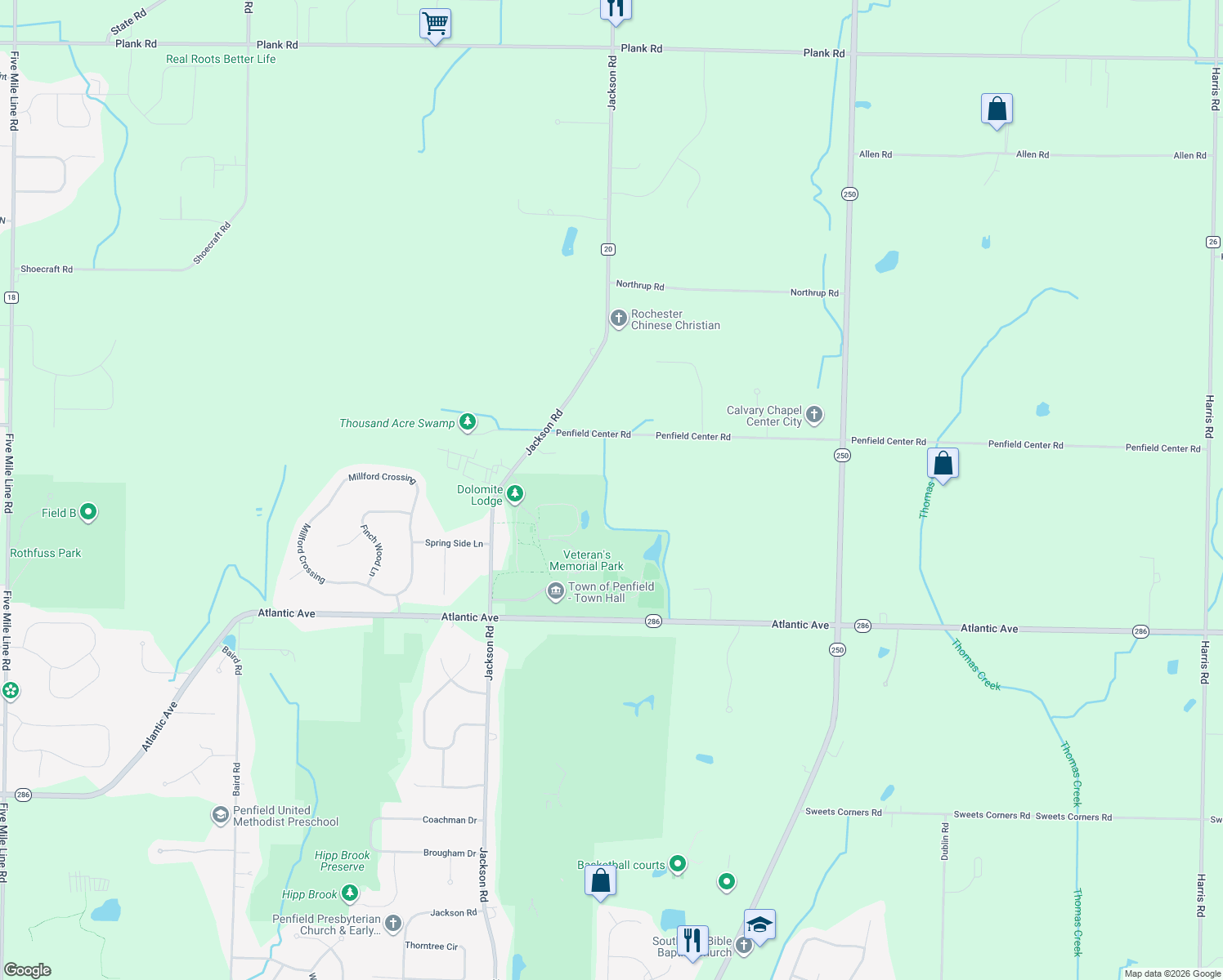 map of restaurants, bars, coffee shops, grocery stores, and more near 1147 Penfield Center Road in Penfield