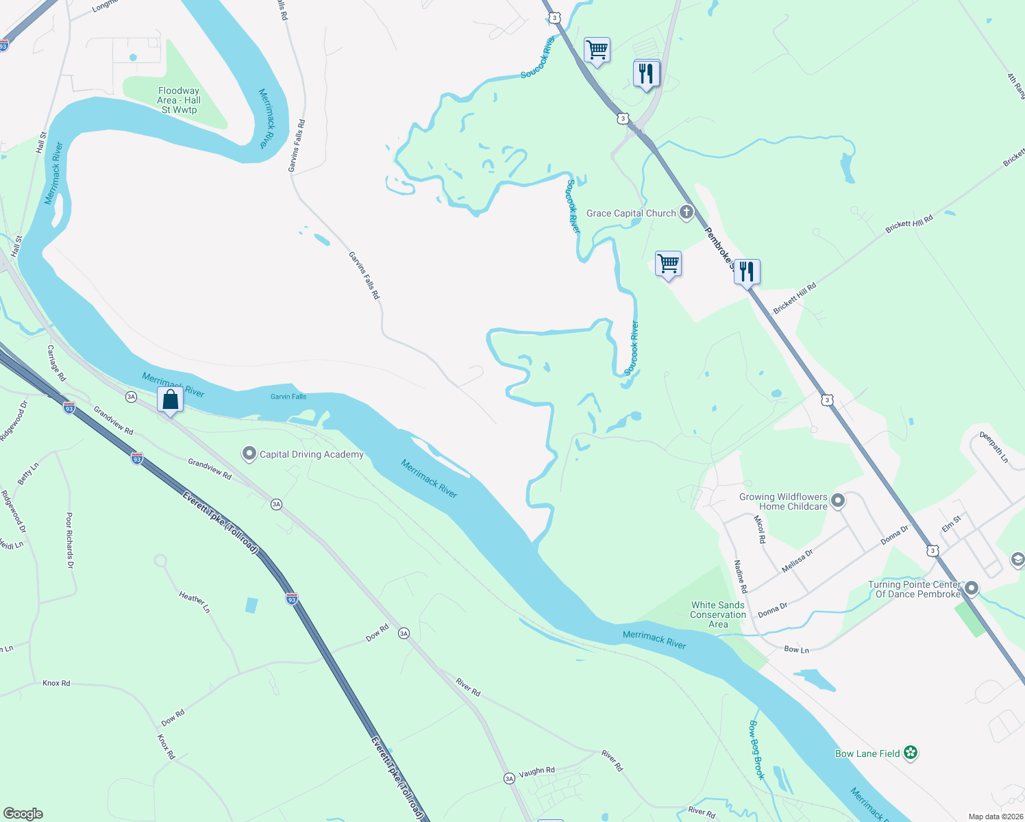 map of restaurants, bars, coffee shops, grocery stores, and more near 233 Garvins Falls Road in Concord