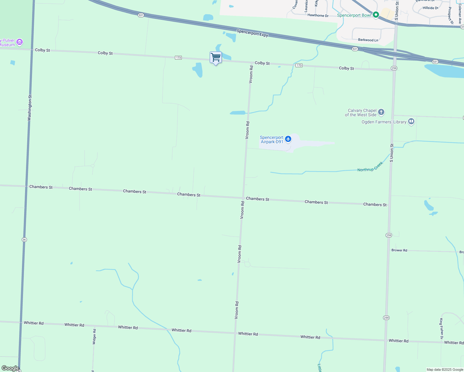 map of restaurants, bars, coffee shops, grocery stores, and more near 1177 Vroom Rd in Spencerport