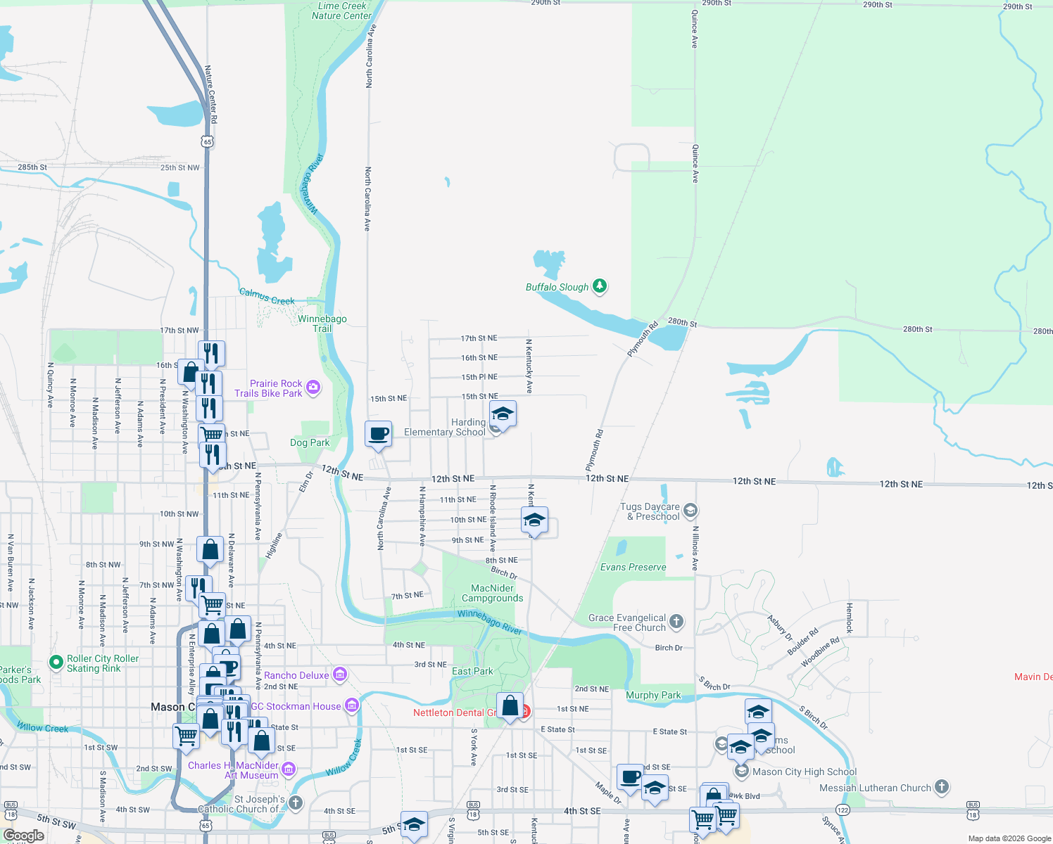 map of restaurants, bars, coffee shops, grocery stores, and more near 957 14th Pl NE in Mason City