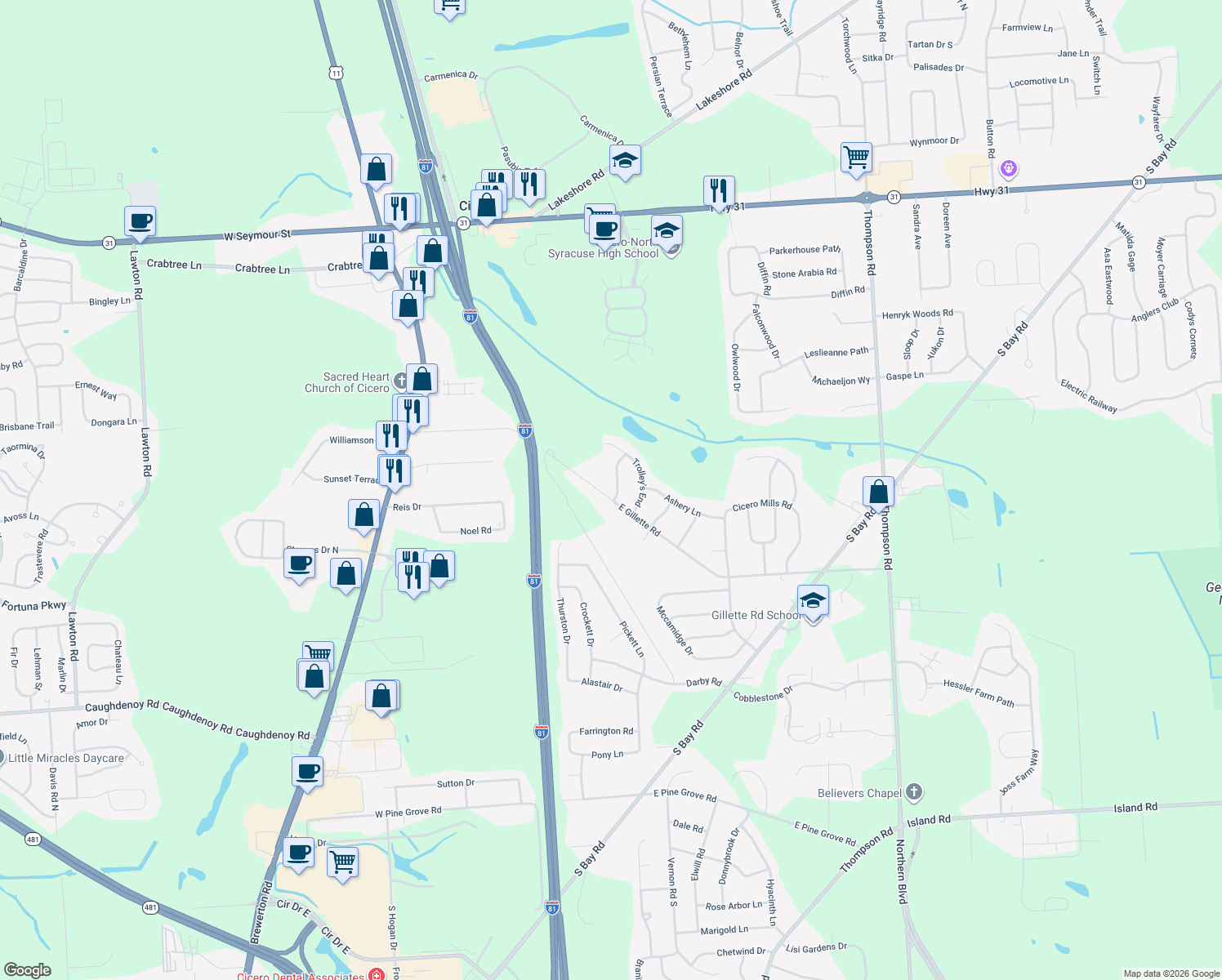 map of restaurants, bars, coffee shops, grocery stores, and more near 6187 Carriage Shop Road in Cicero