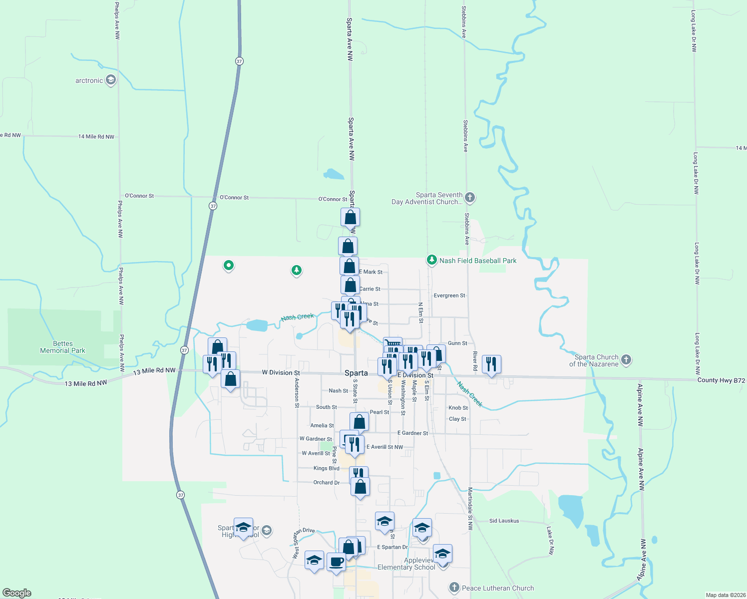 map of restaurants, bars, coffee shops, grocery stores, and more near 69 Alma St in Sparta