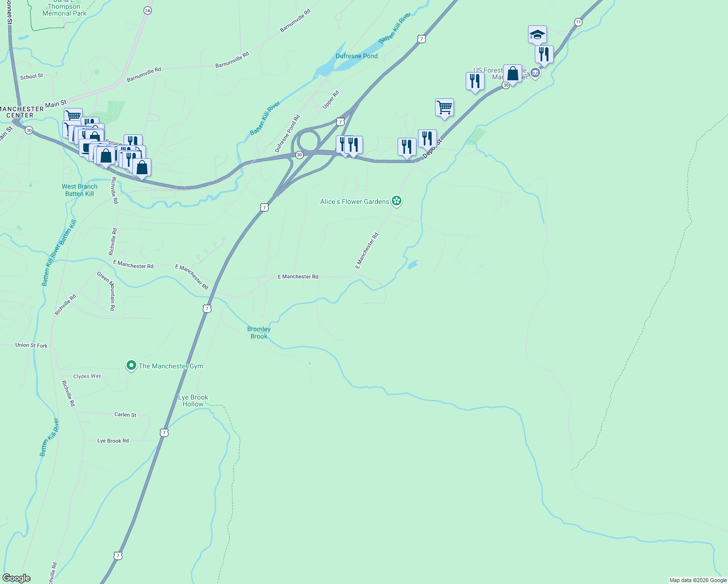 map of restaurants, bars, coffee shops, grocery stores, and more near 1182 East Manchester Road in Bennington County