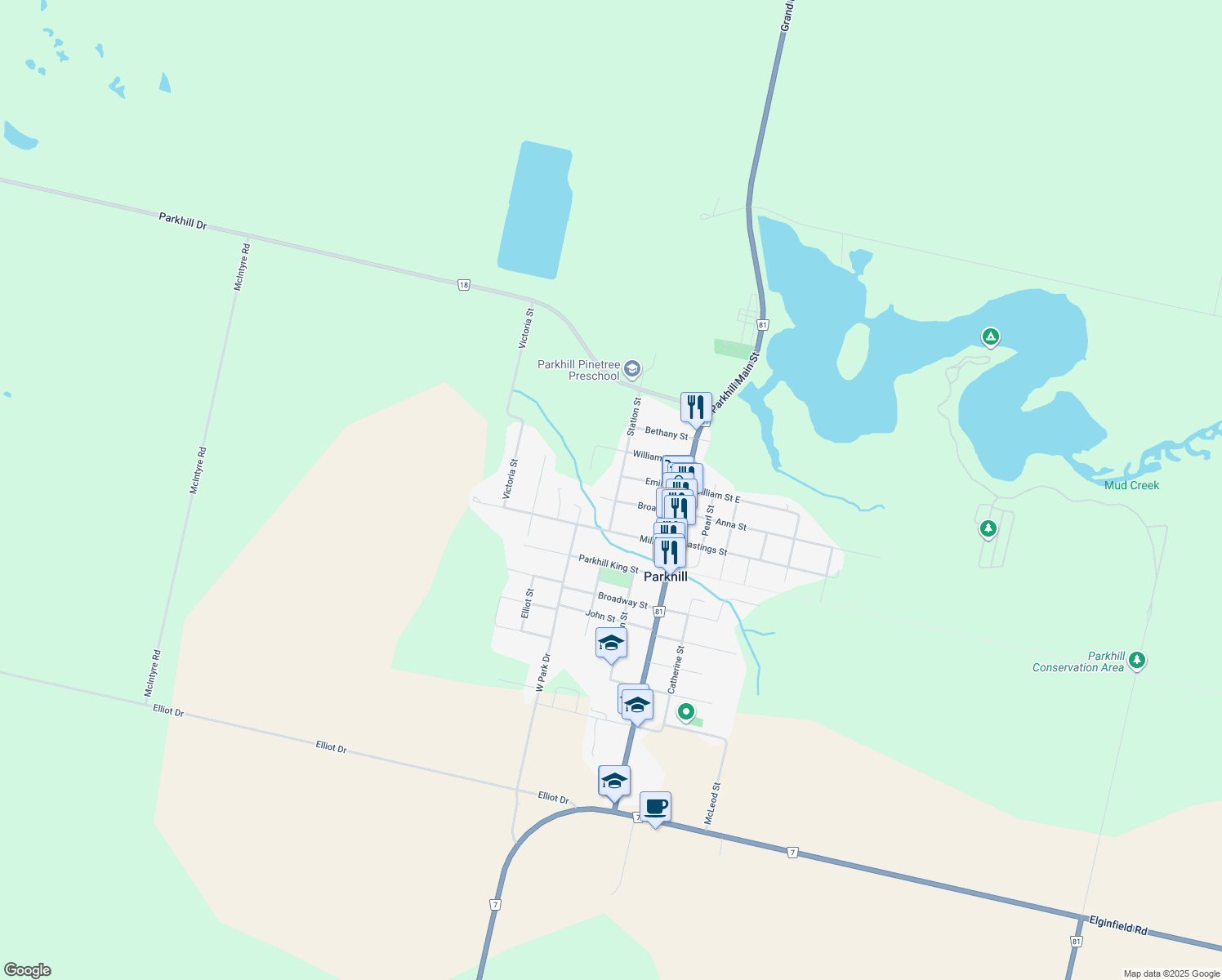 map of restaurants, bars, coffee shops, grocery stores, and more near 267 Station Street in Parkhill