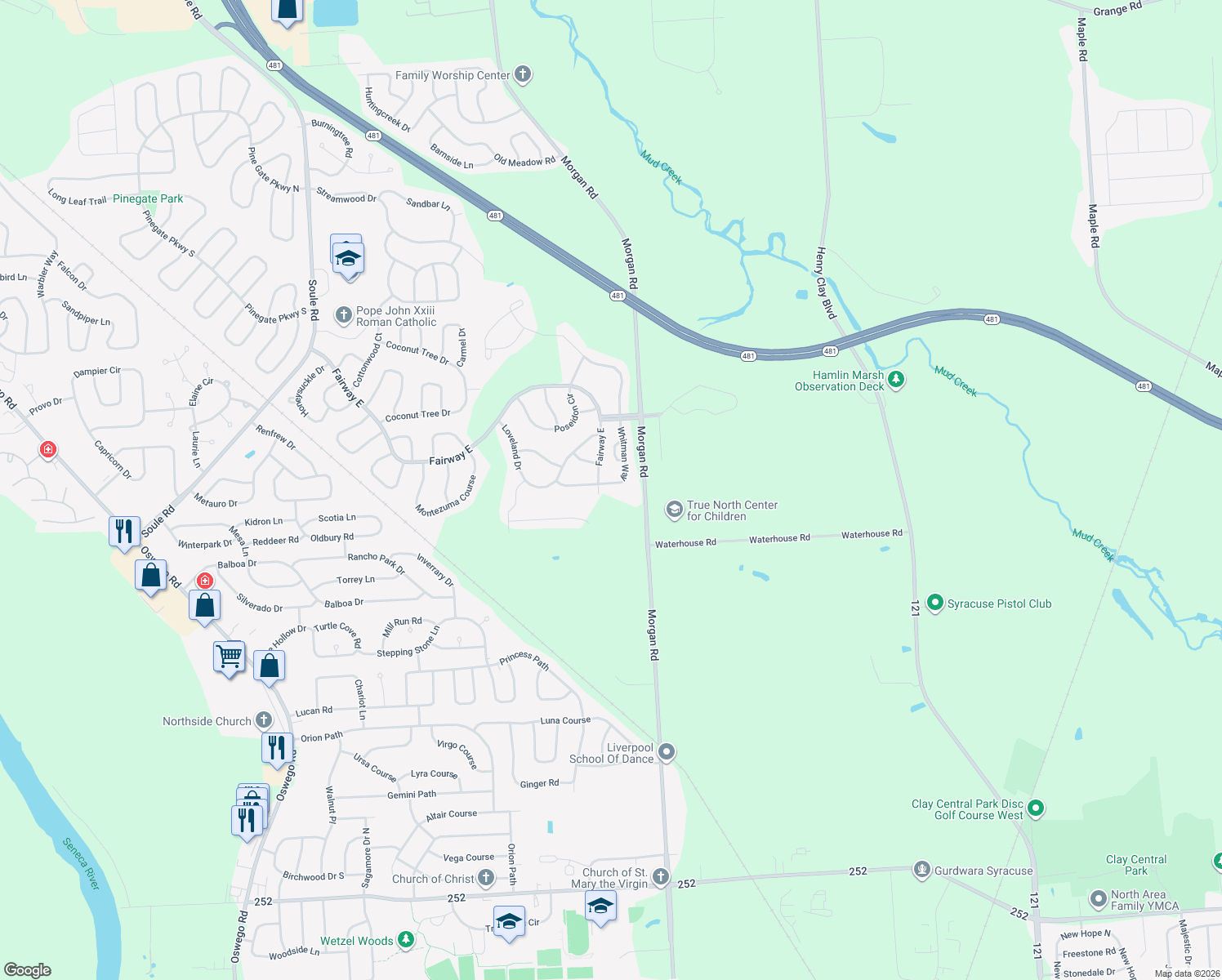 map of restaurants, bars, coffee shops, grocery stores, and more near 8170 Whitman Way in Liverpool