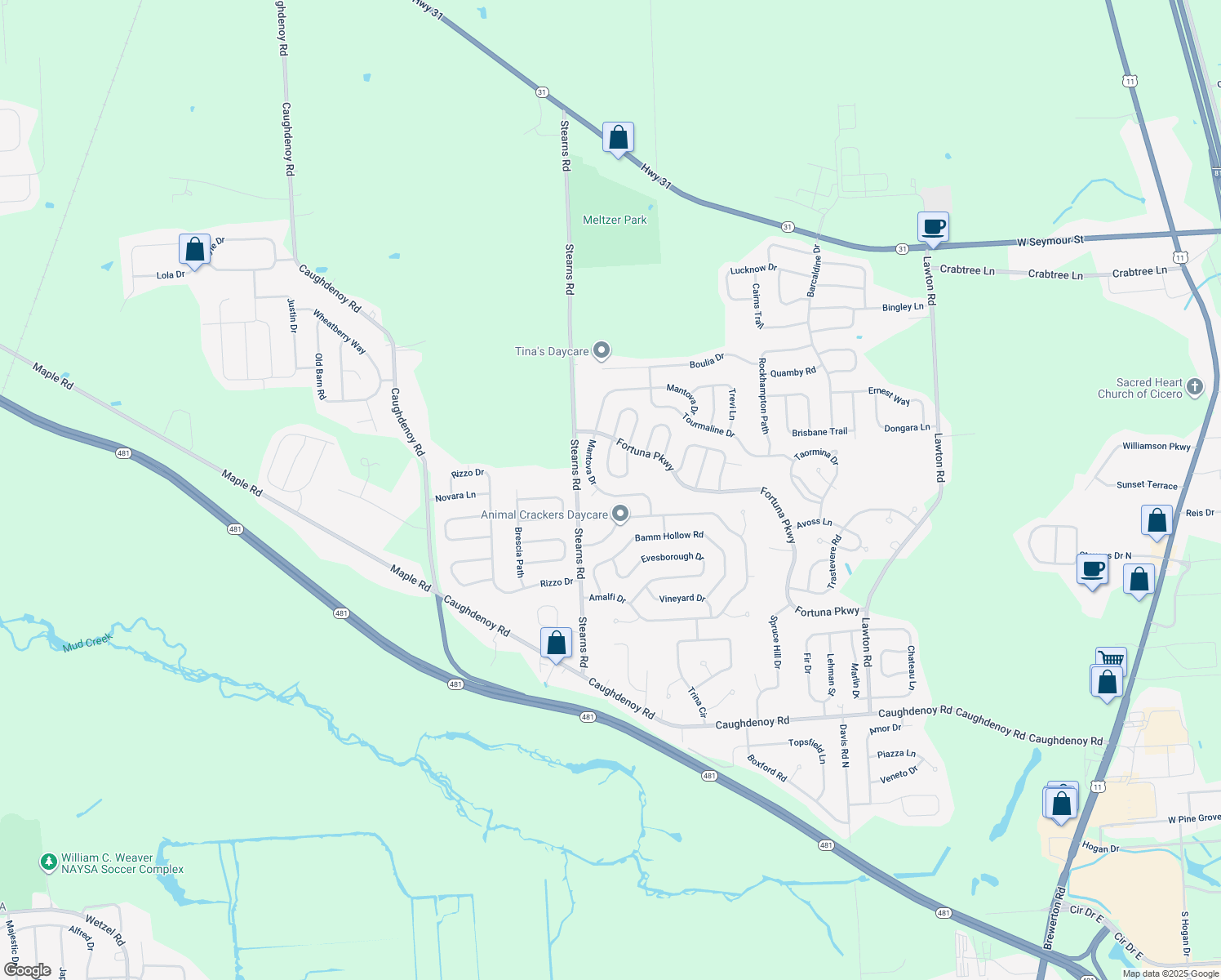 map of restaurants, bars, coffee shops, grocery stores, and more near 8168 Mantova Drive in Clay