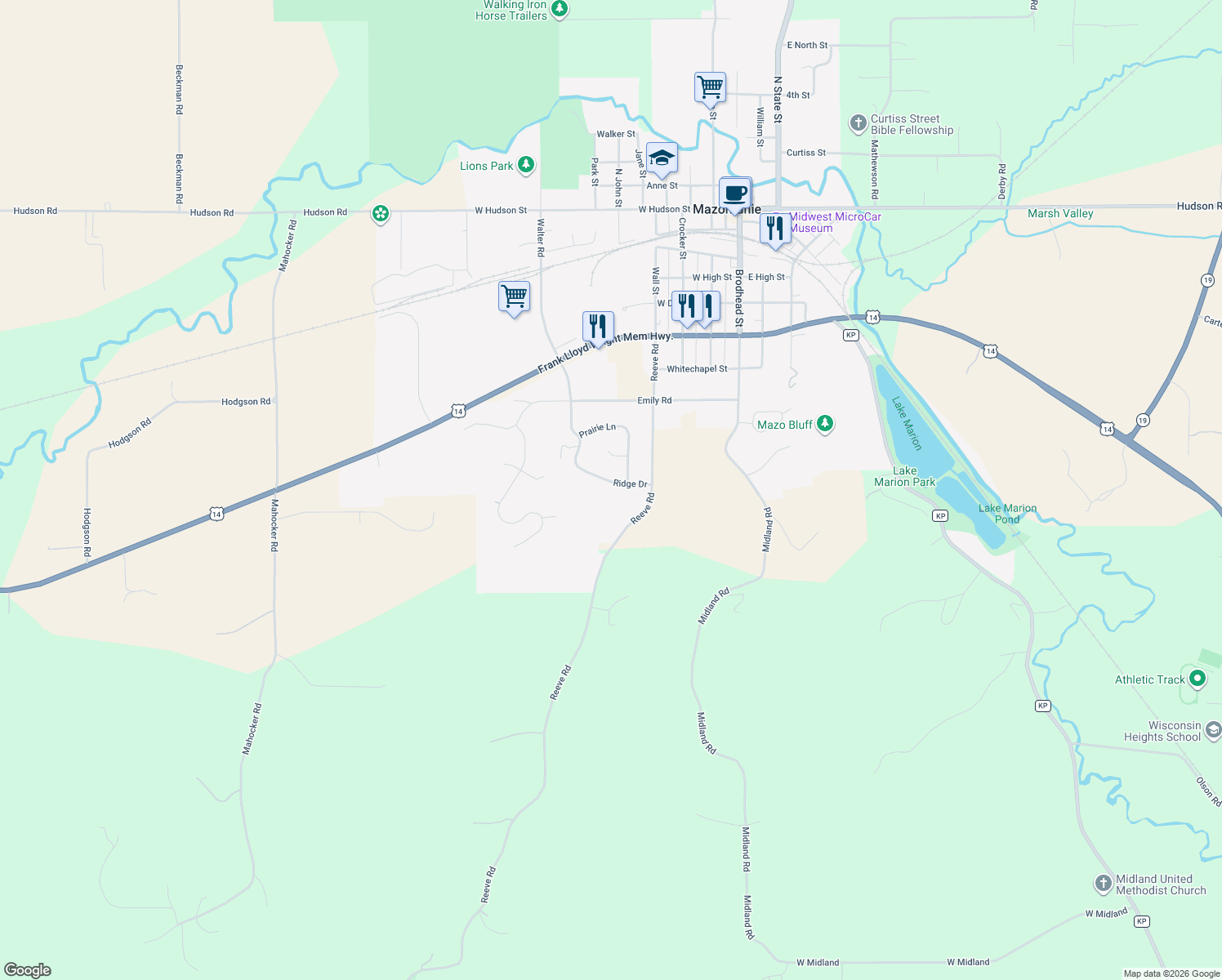map of restaurants, bars, coffee shops, grocery stores, and more near 501 Ridge Dr in Mazomanie