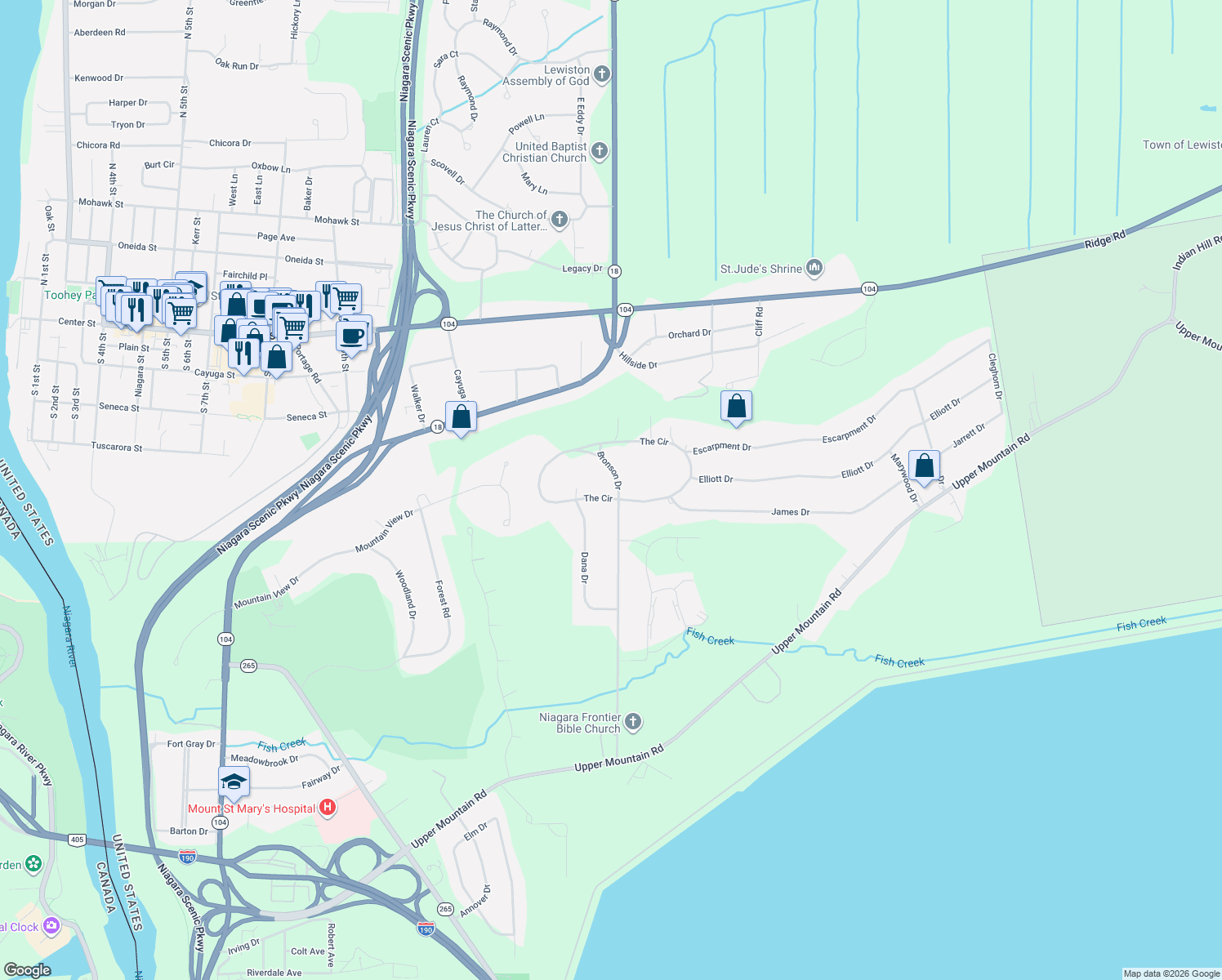 map of restaurants, bars, coffee shops, grocery stores, and more near 5056 Bronson Drive in Lewiston