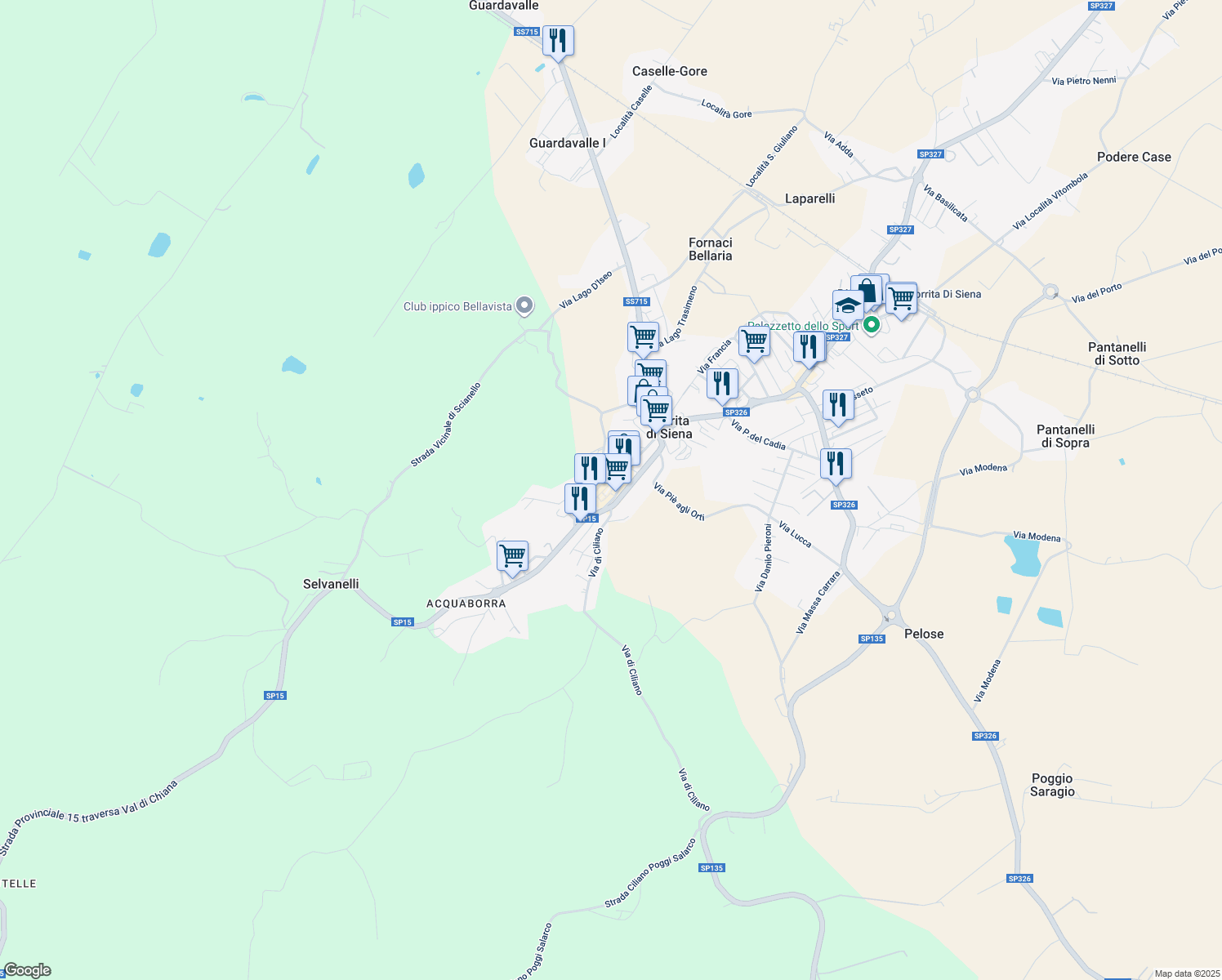 map of restaurants, bars, coffee shops, grocery stores, and more near 23 Via Baldassarre Peruzzi in Torrita di Siena