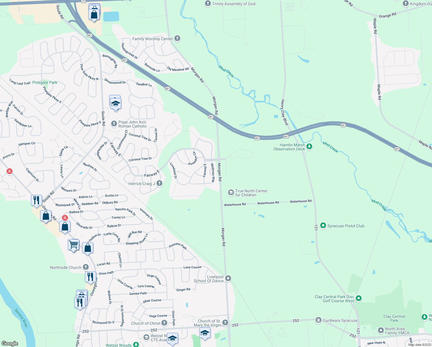 map of restaurants, bars, coffee shops, grocery stores, and more near 8194 Whitman Way in Liverpool