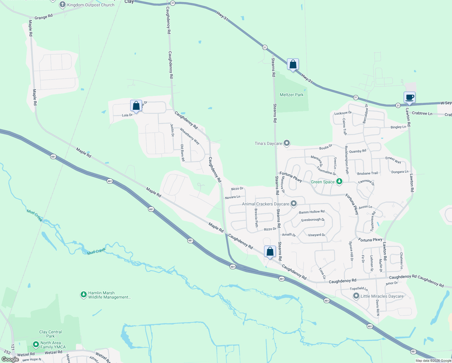 map of restaurants, bars, coffee shops, grocery stores, and more near 8198 Caughdenoy Rd in Clay