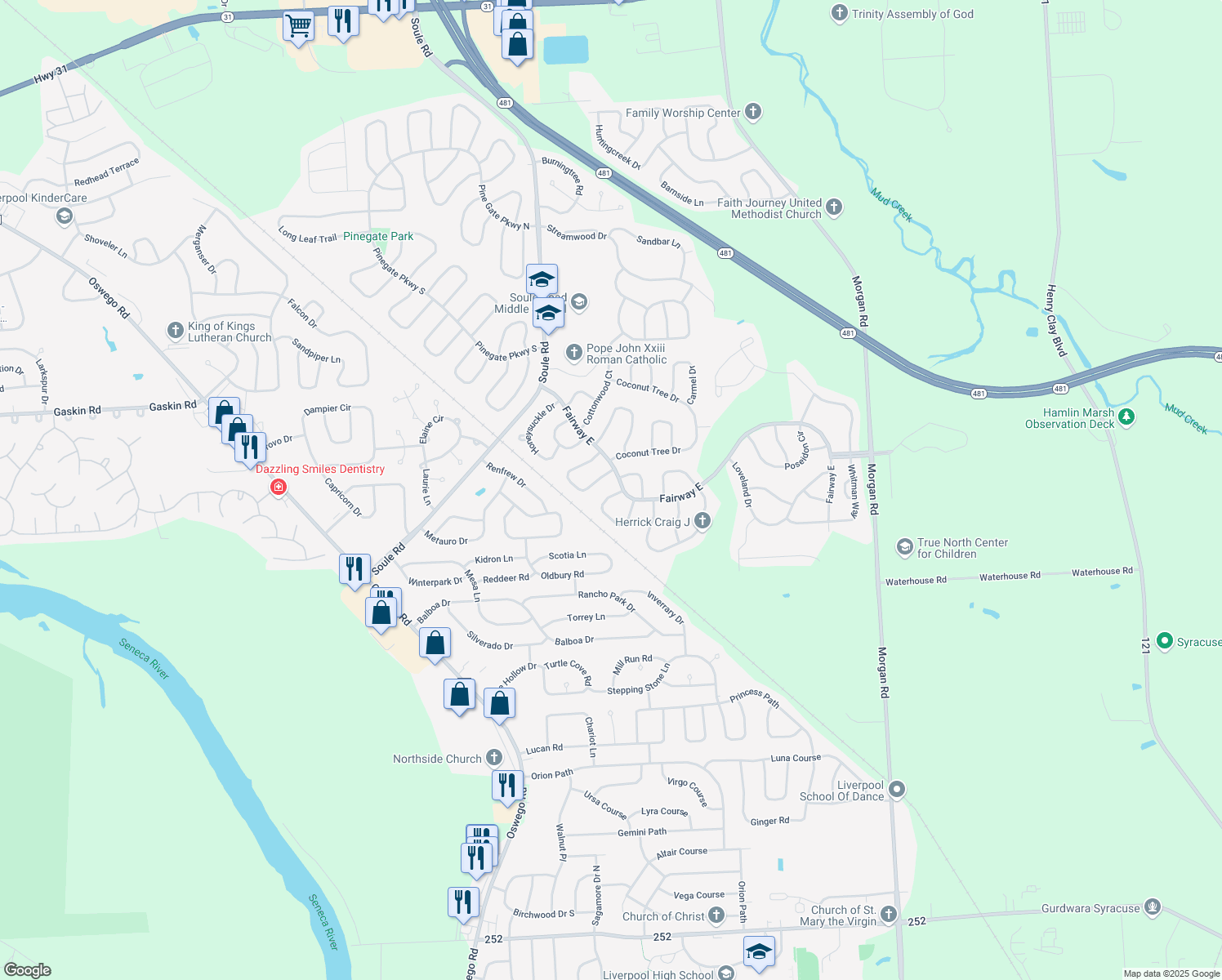 map of restaurants, bars, coffee shops, grocery stores, and more near 4225 Mayfair Circle in Liverpool
