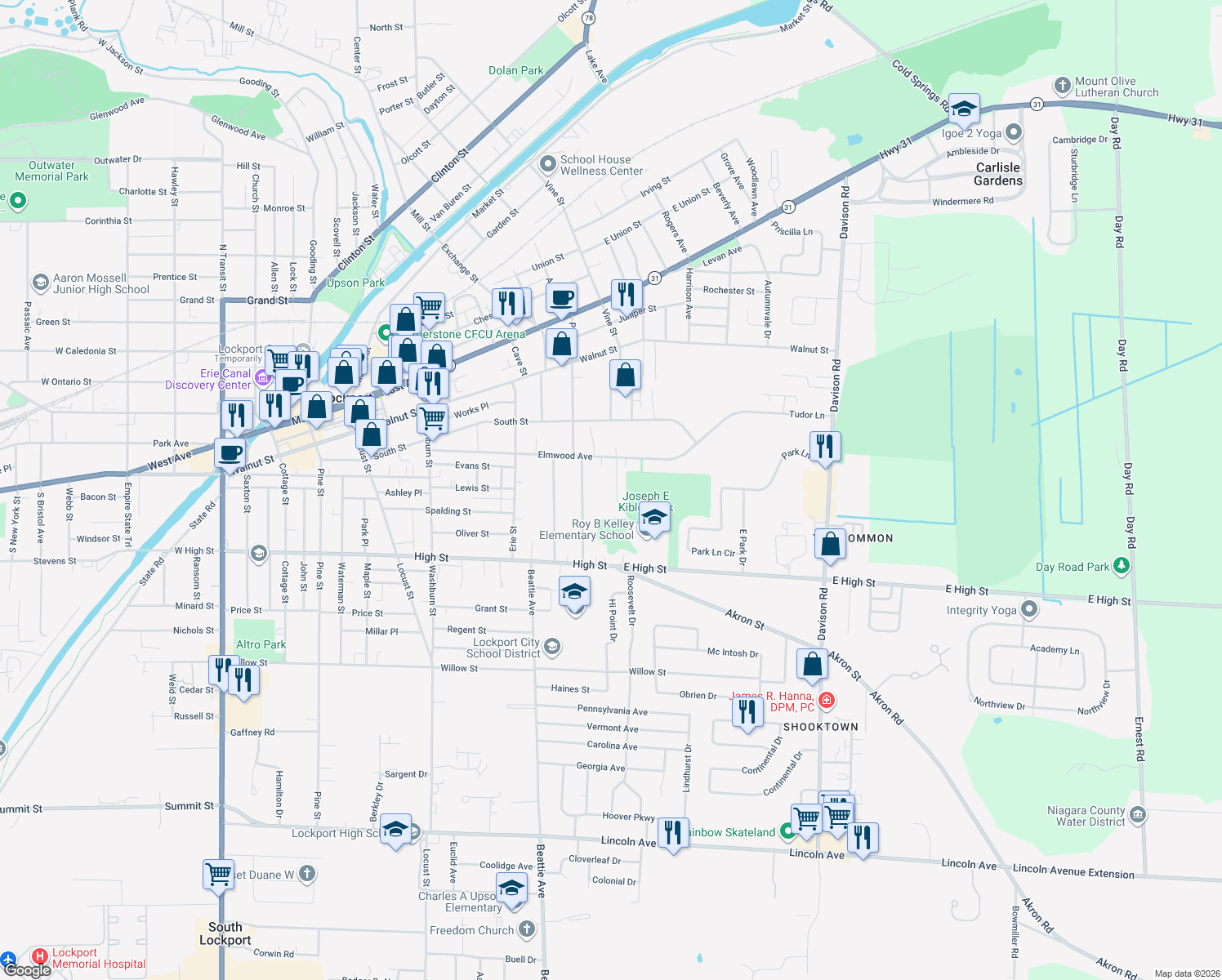 map of restaurants, bars, coffee shops, grocery stores, and more near 35 Reed St in Lockport