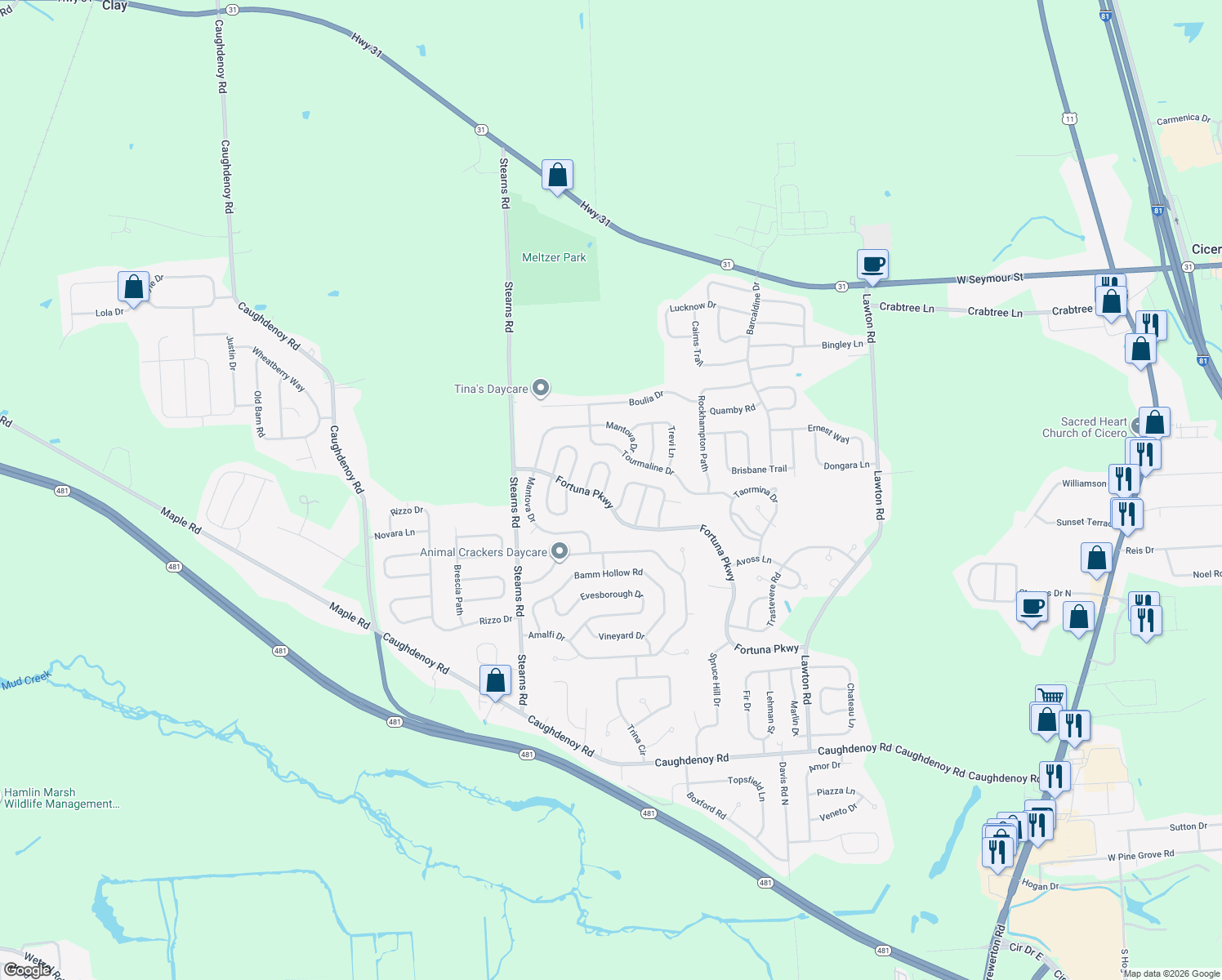 map of restaurants, bars, coffee shops, grocery stores, and more near 8102 Firenze Ln in Clay