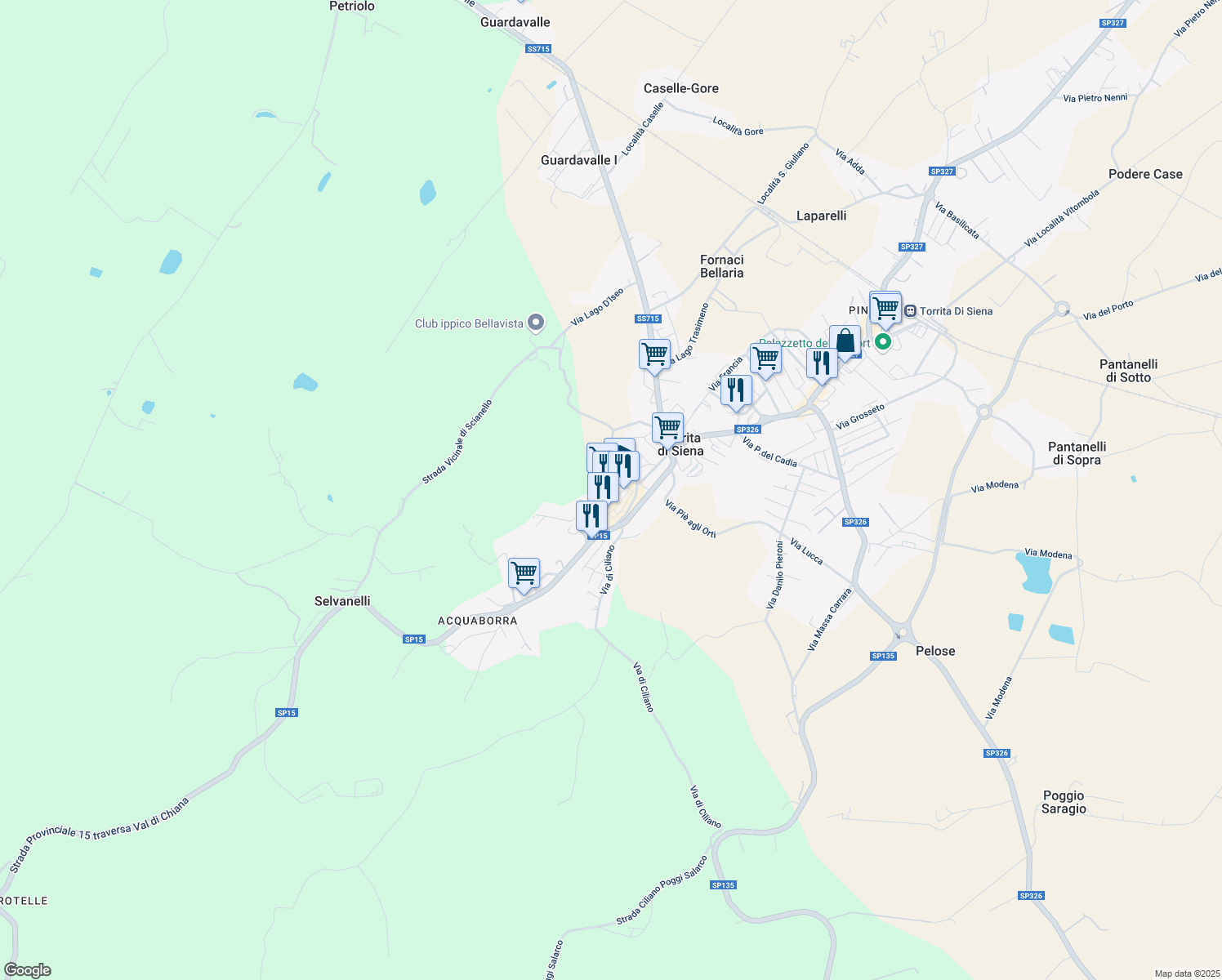 map of restaurants, bars, coffee shops, grocery stores, and more near 23 Via Baldassarre Peruzzi in Torrita di Siena