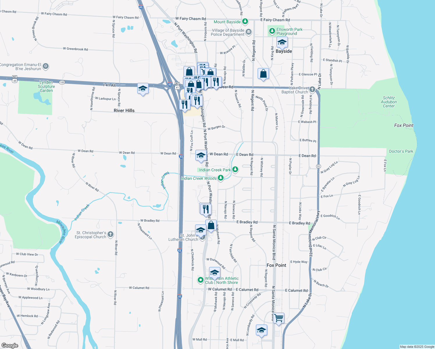 map of restaurants, bars, coffee shops, grocery stores, and more near 8324 North Indian Creek Parkway in Fox Point
