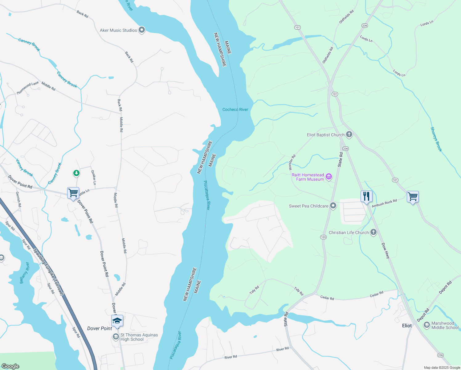 map of restaurants, bars, coffee shops, grocery stores, and more near 67 Houde Road in Eliot