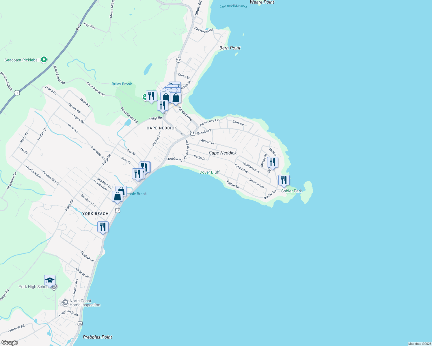 map of restaurants, bars, coffee shops, grocery stores, and more near 83 Nubble Road in York