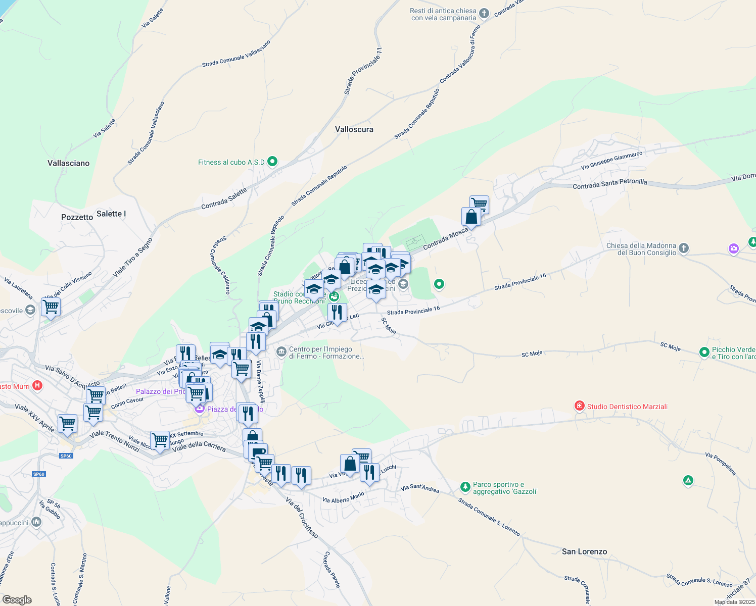 map of restaurants, bars, coffee shops, grocery stores, and more near Strada Provinciale 16 in Fermo