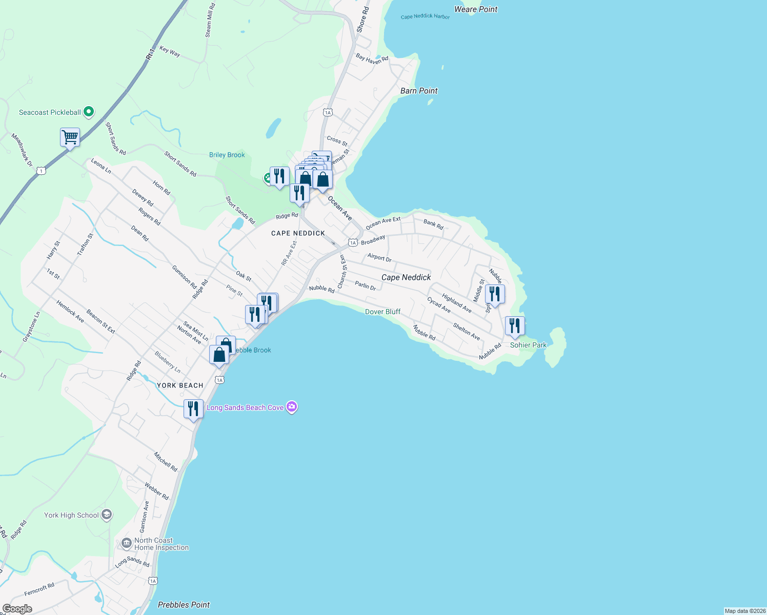 map of restaurants, bars, coffee shops, grocery stores, and more near 70 Nubble Road in York