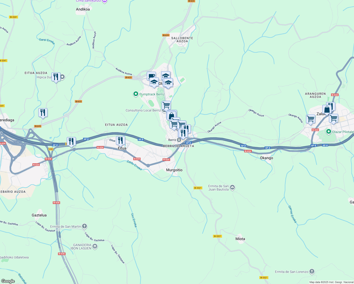 map of restaurants, bars, coffee shops, grocery stores, and more near 3 Geltoki Kalea in Berriz