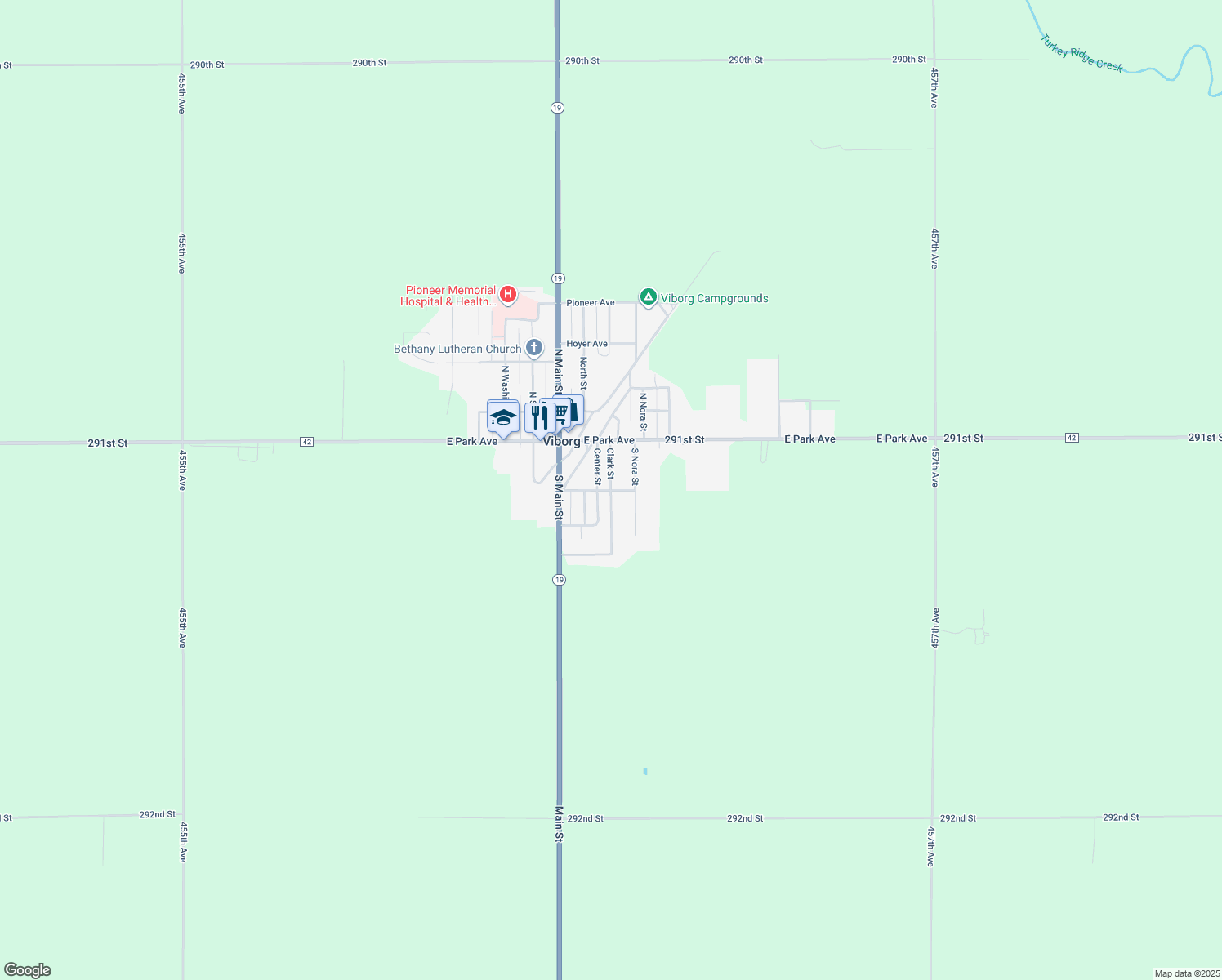 map of restaurants, bars, coffee shops, grocery stores, and more near 198 Clark St in Viborg