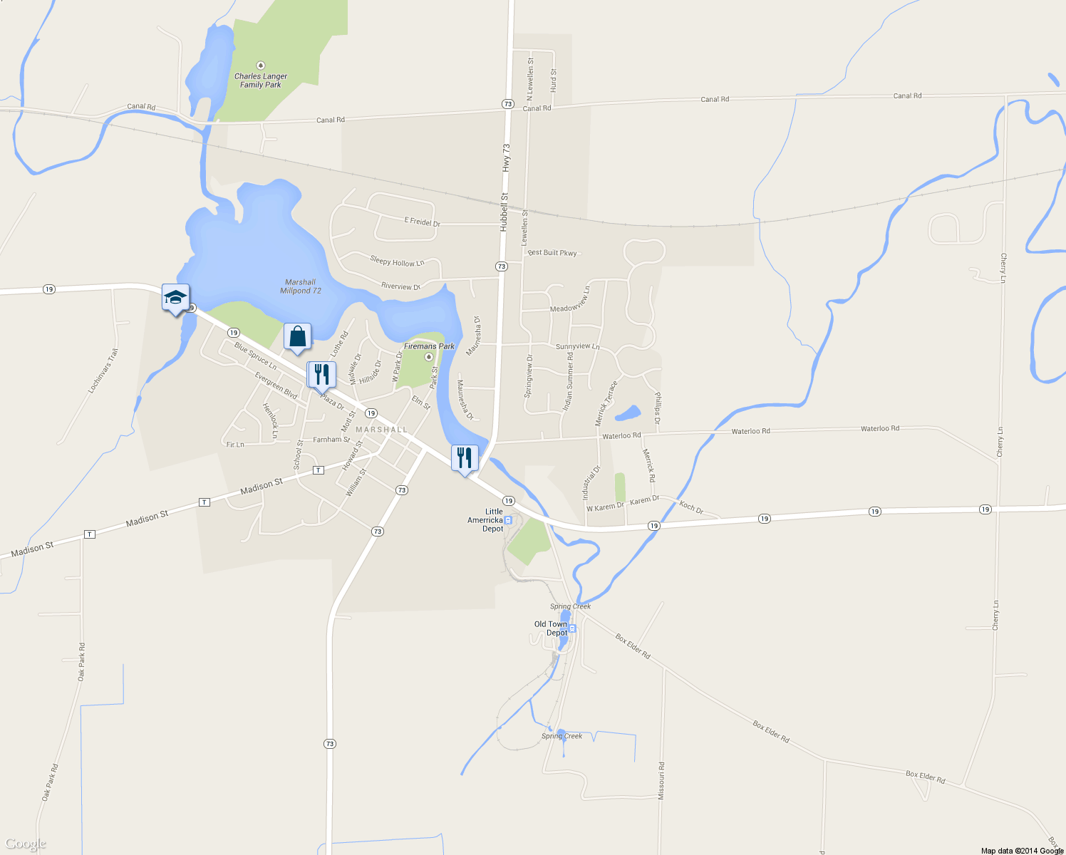 map of restaurants, bars, coffee shops, grocery stores, and more near 203 Cody Circle in Marshall