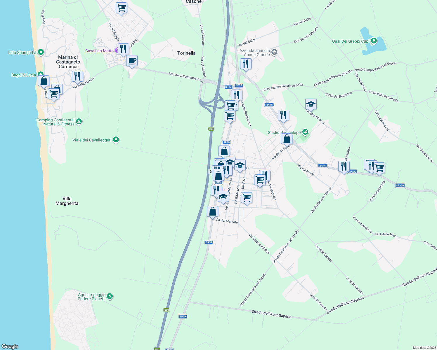 map of restaurants, bars, coffee shops, grocery stores, and more near 1 Piazza della Stazione in Donoratico