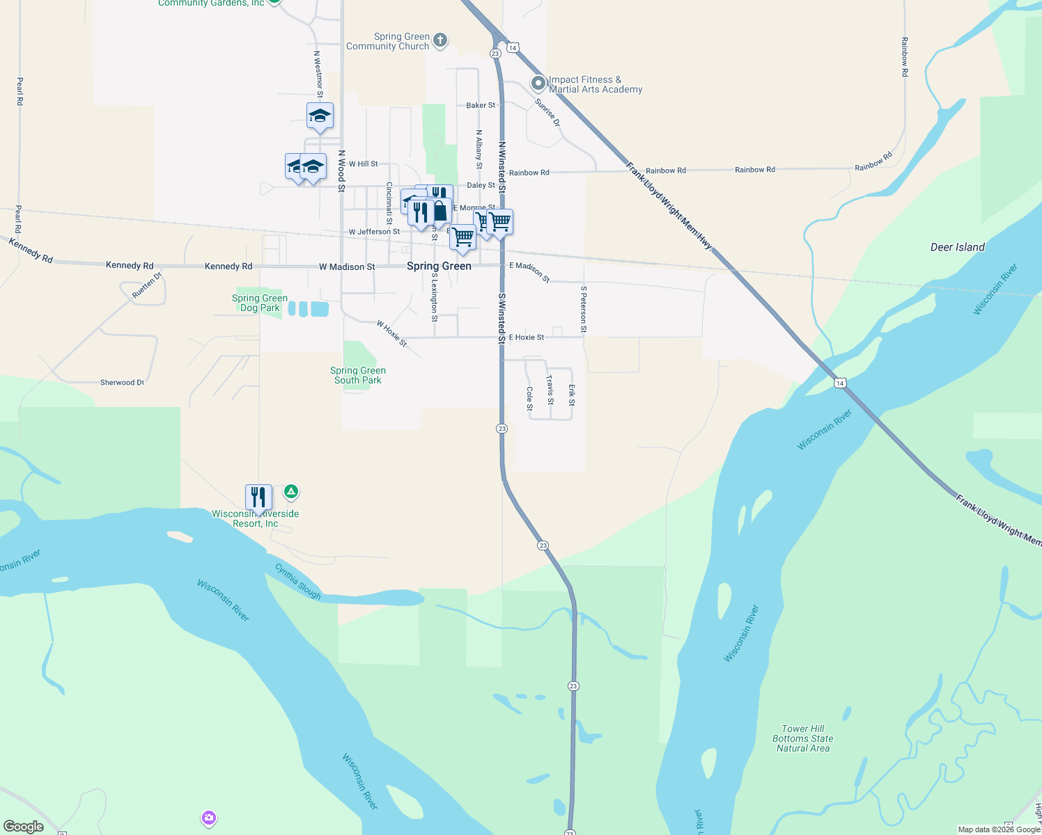 map of restaurants, bars, coffee shops, grocery stores, and more near 886 Cole Street in Spring Green