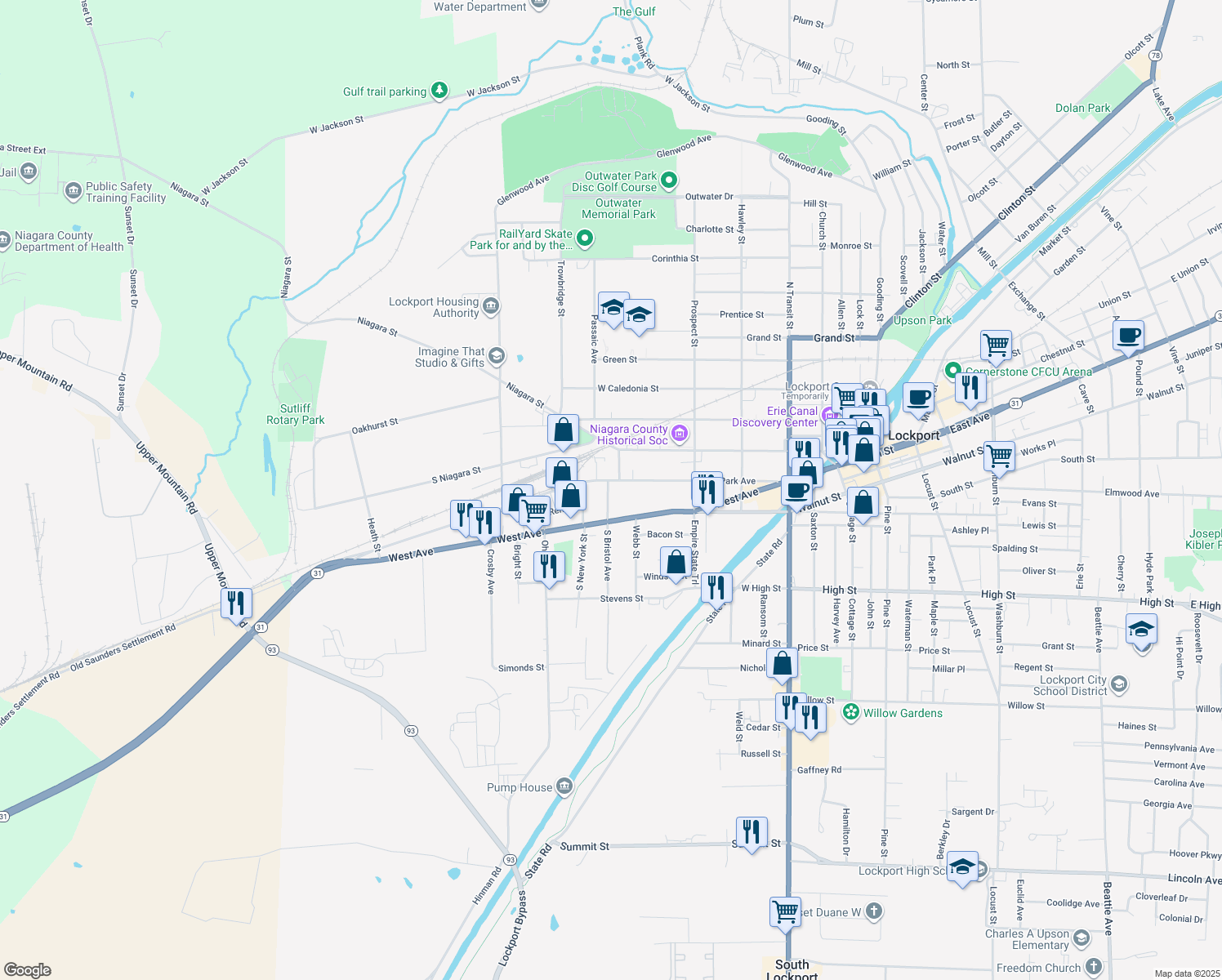 map of restaurants, bars, coffee shops, grocery stores, and more near 4 Bristol Avenue in Lockport
