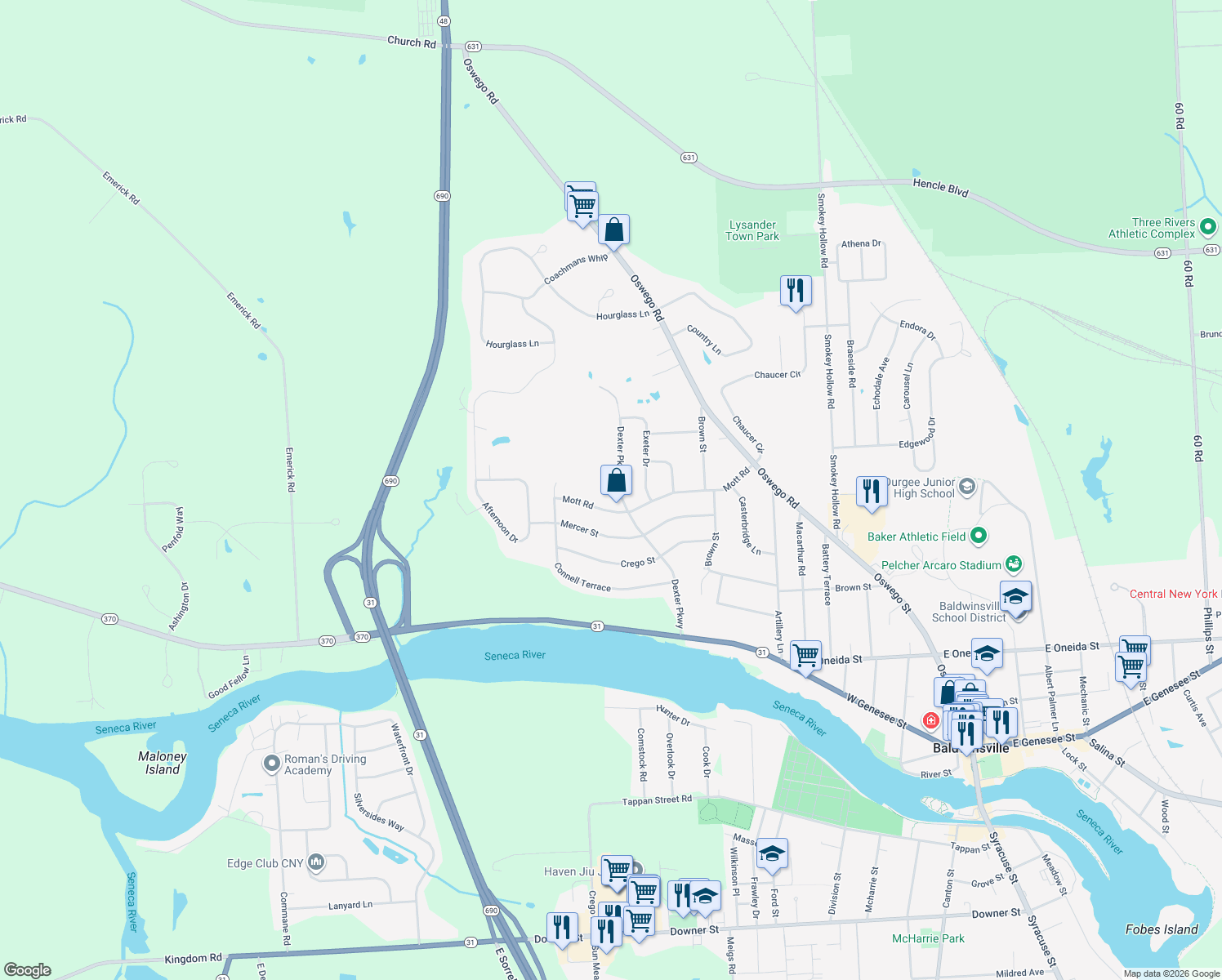 map of restaurants, bars, coffee shops, grocery stores, and more near 8223 Dexter Pkwy in Baldwinsville