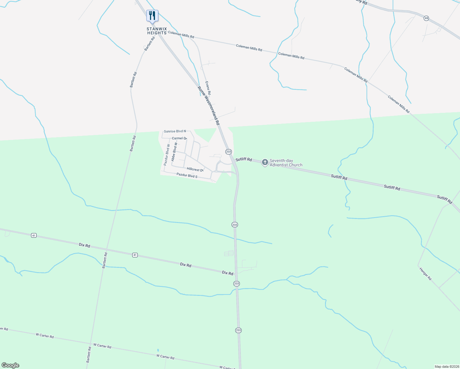 map of restaurants, bars, coffee shops, grocery stores, and more near 6369 State Route 233 in Rome