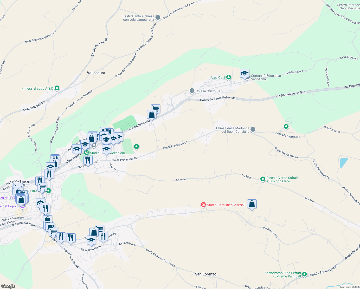 map of restaurants, bars, coffee shops, grocery stores, and more near Strada Provinciale 16 in Fermo