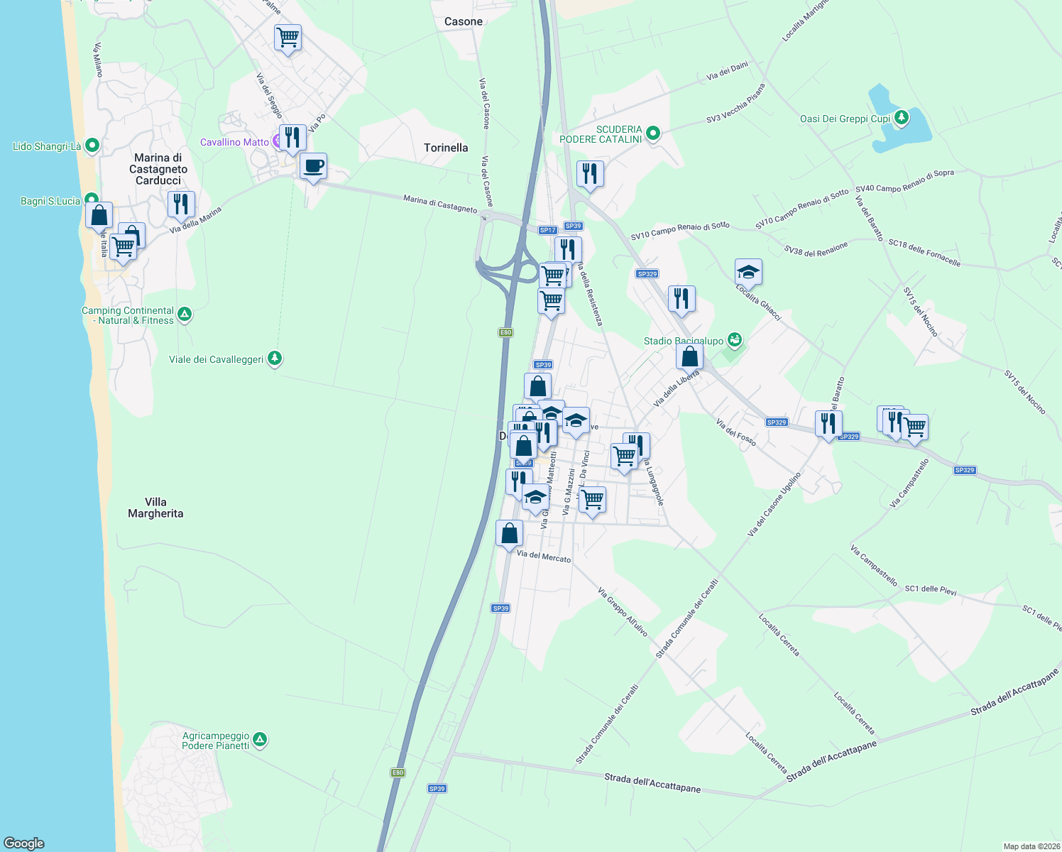 map of restaurants, bars, coffee shops, grocery stores, and more near 1 Piazza della Stazione in Donoratico