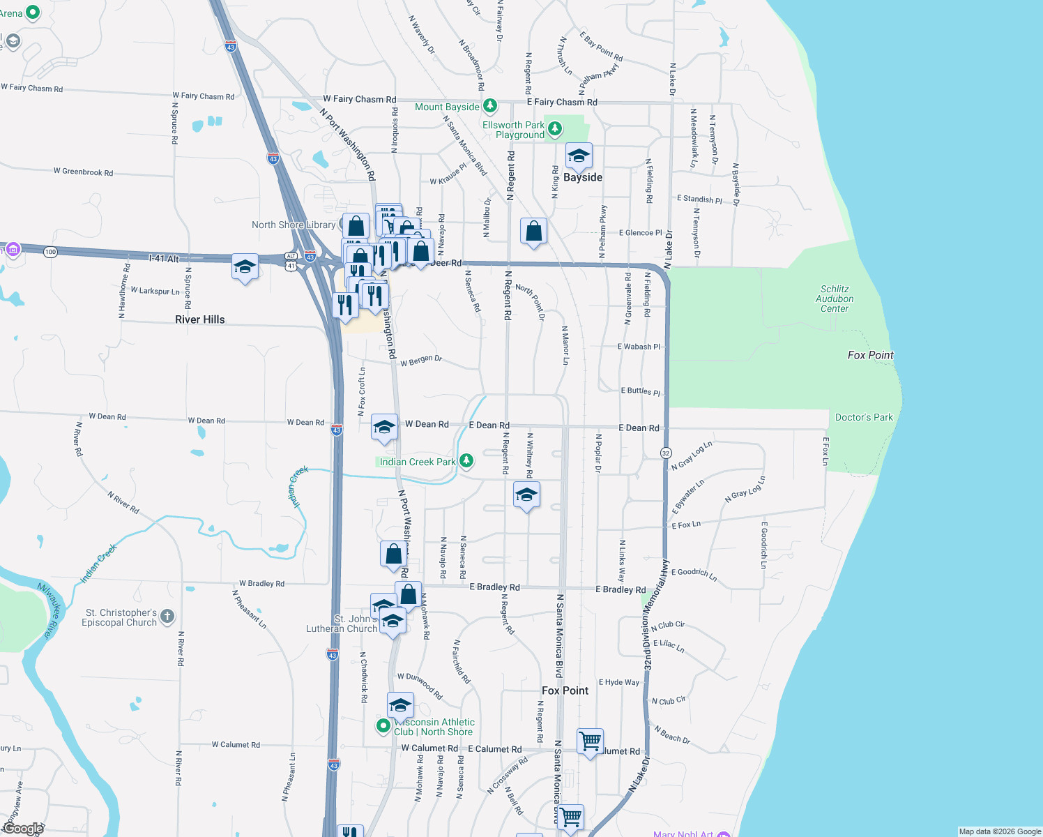 map of restaurants, bars, coffee shops, grocery stores, and more near 312 East Dean Road in Fox Point